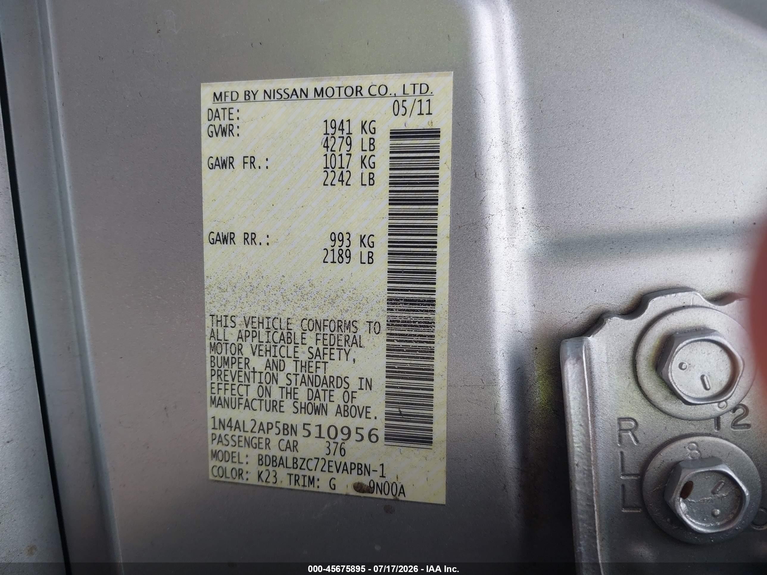 2011 Nissan Altima 2.5 S Silver vin: 1N4AL2AP5BN510956