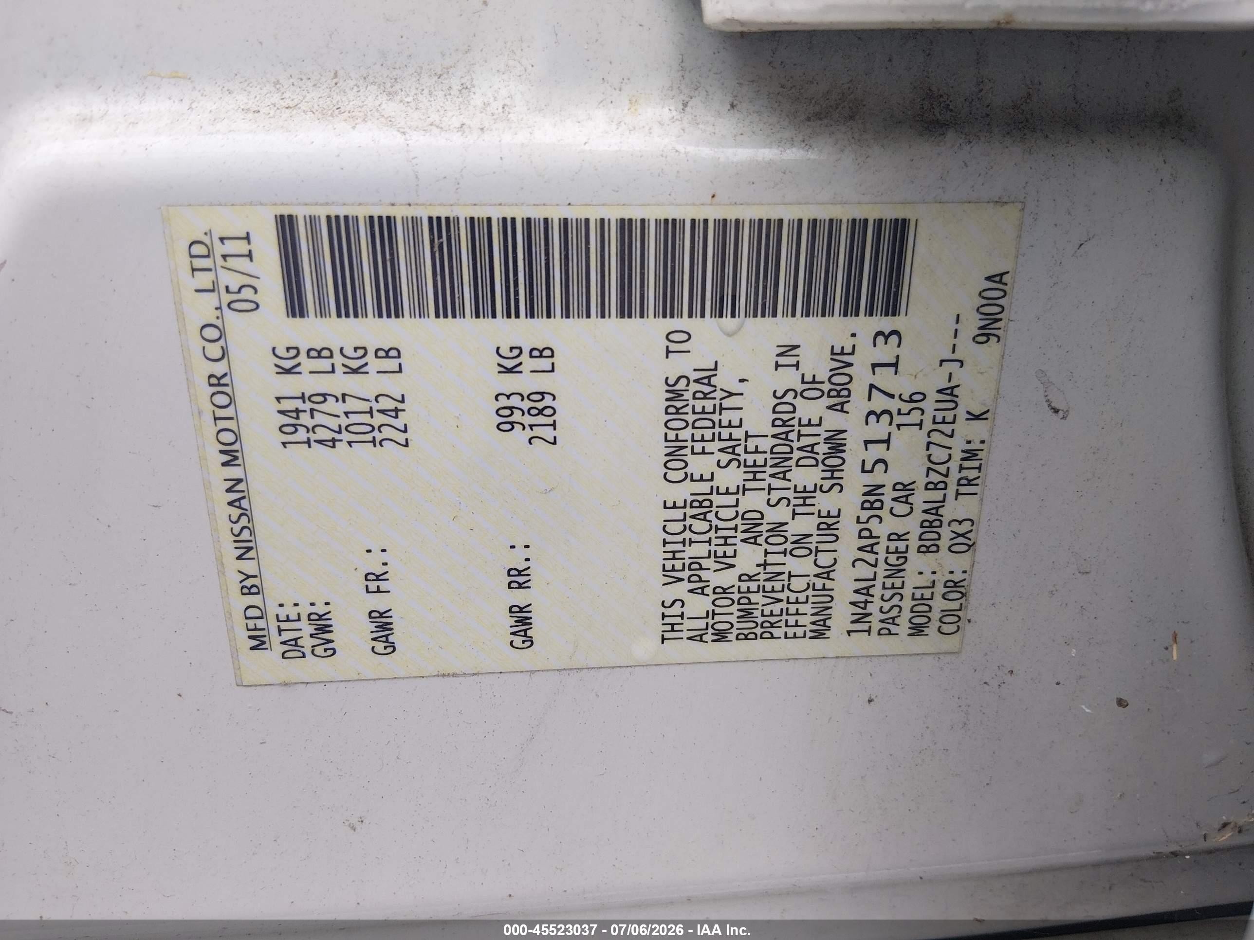 2011 Nissan Altima 2.5 S White vin: 1N4AL2AP5BN513713