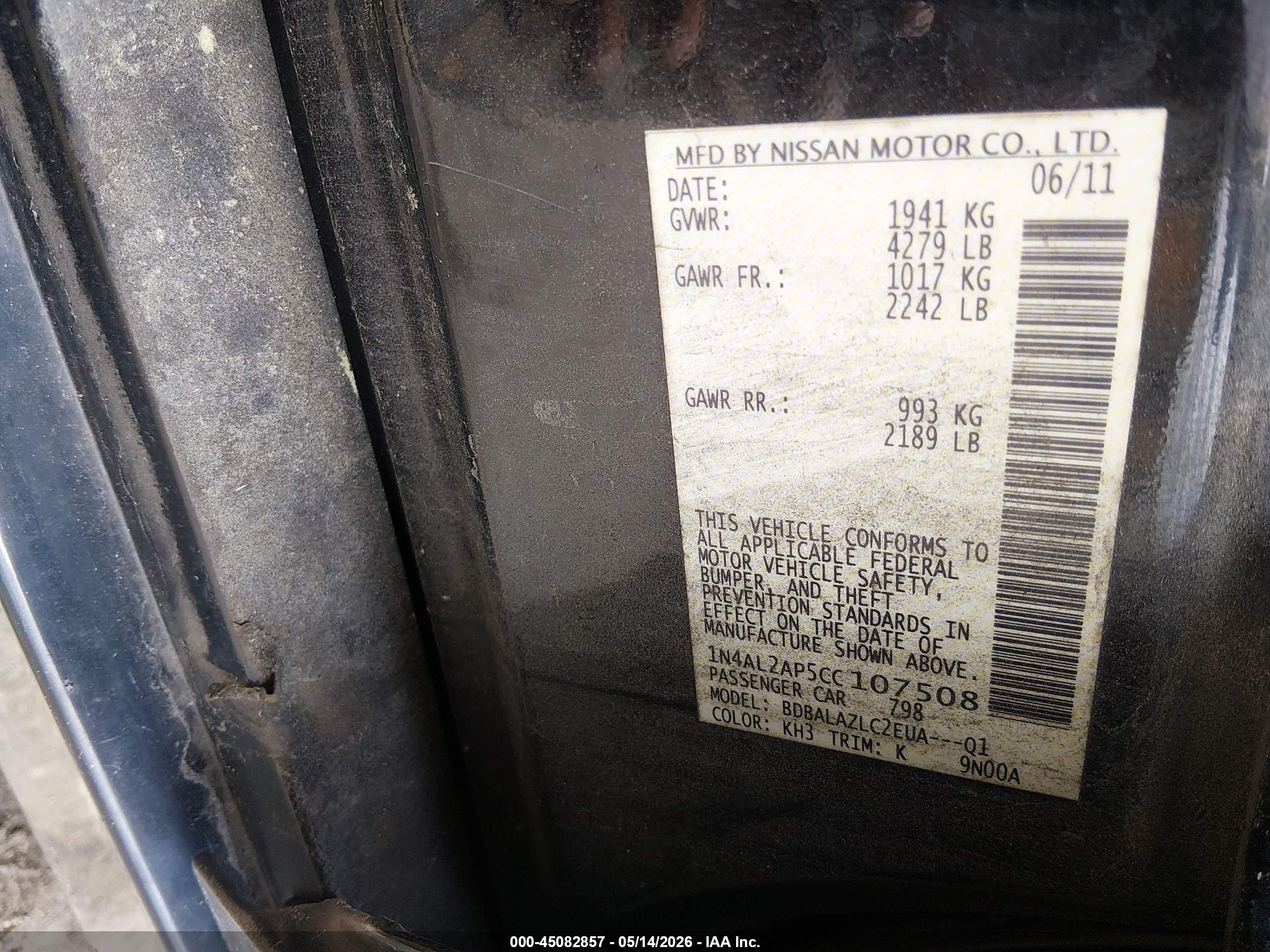 2012 Nissan Altima 2.5 Black vin: 1N4AL2AP5CC107508
