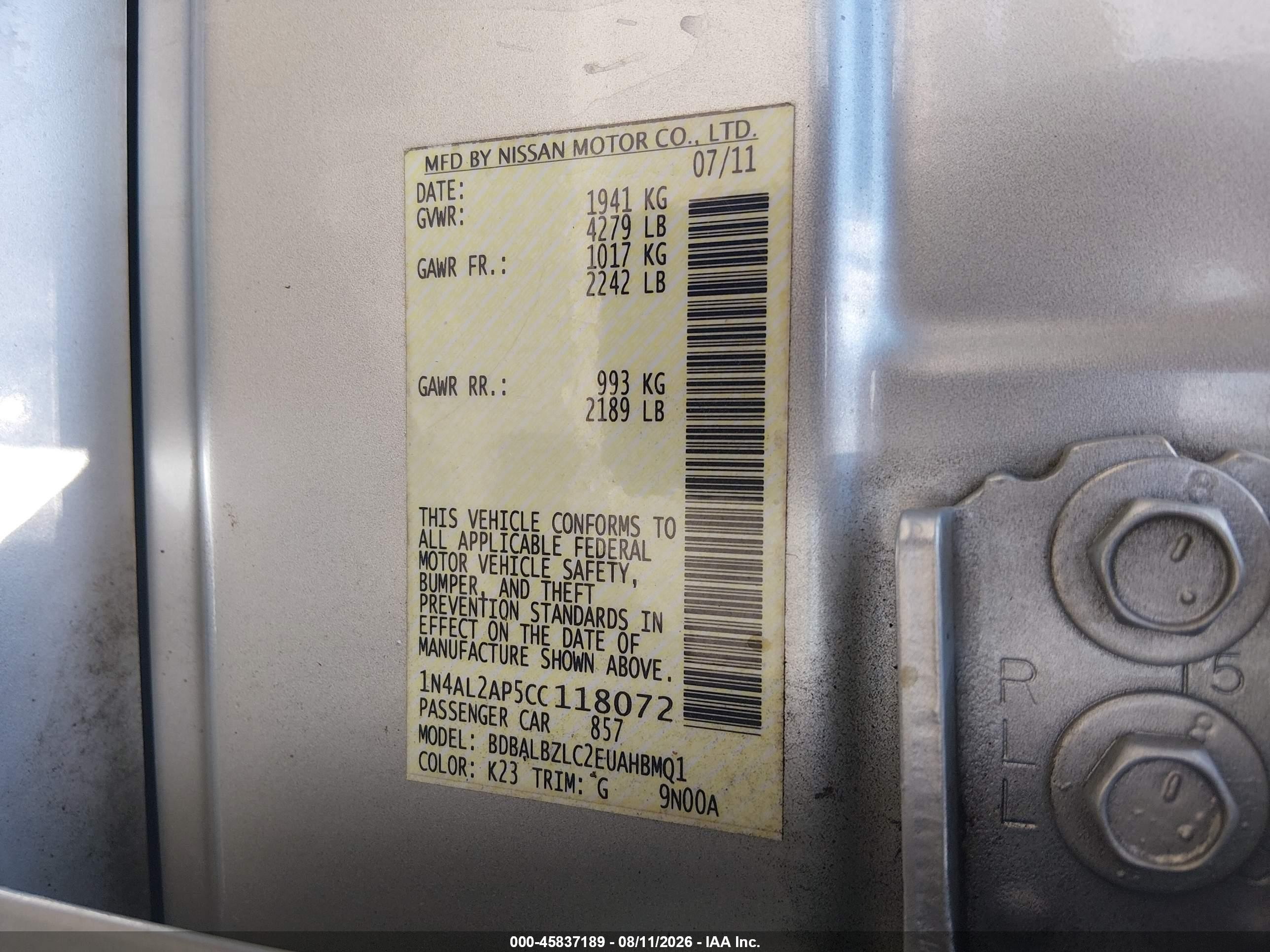 2012 Nissan Altima 2.5 S Silver vin: 1N4AL2AP5CC118072