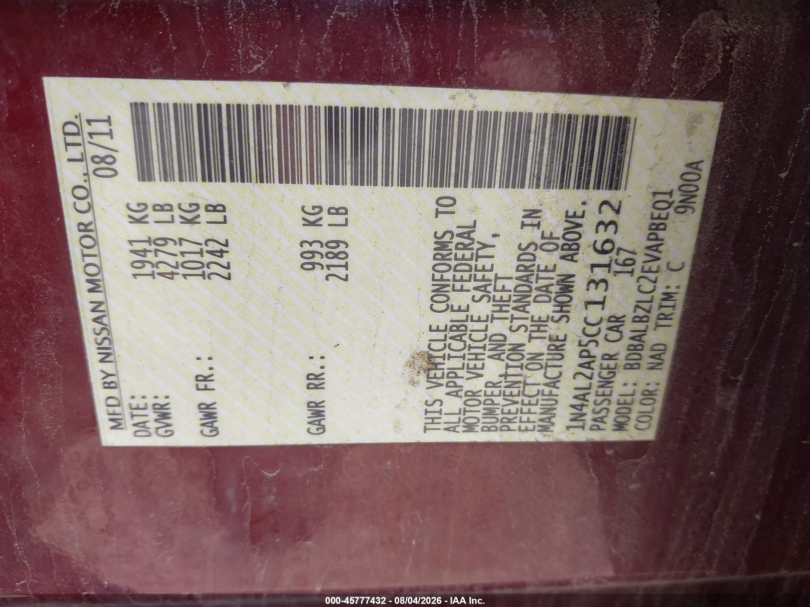 2012 Nissan Altima 2.5 S Maroon vin: 1N4AL2AP5CC131632
