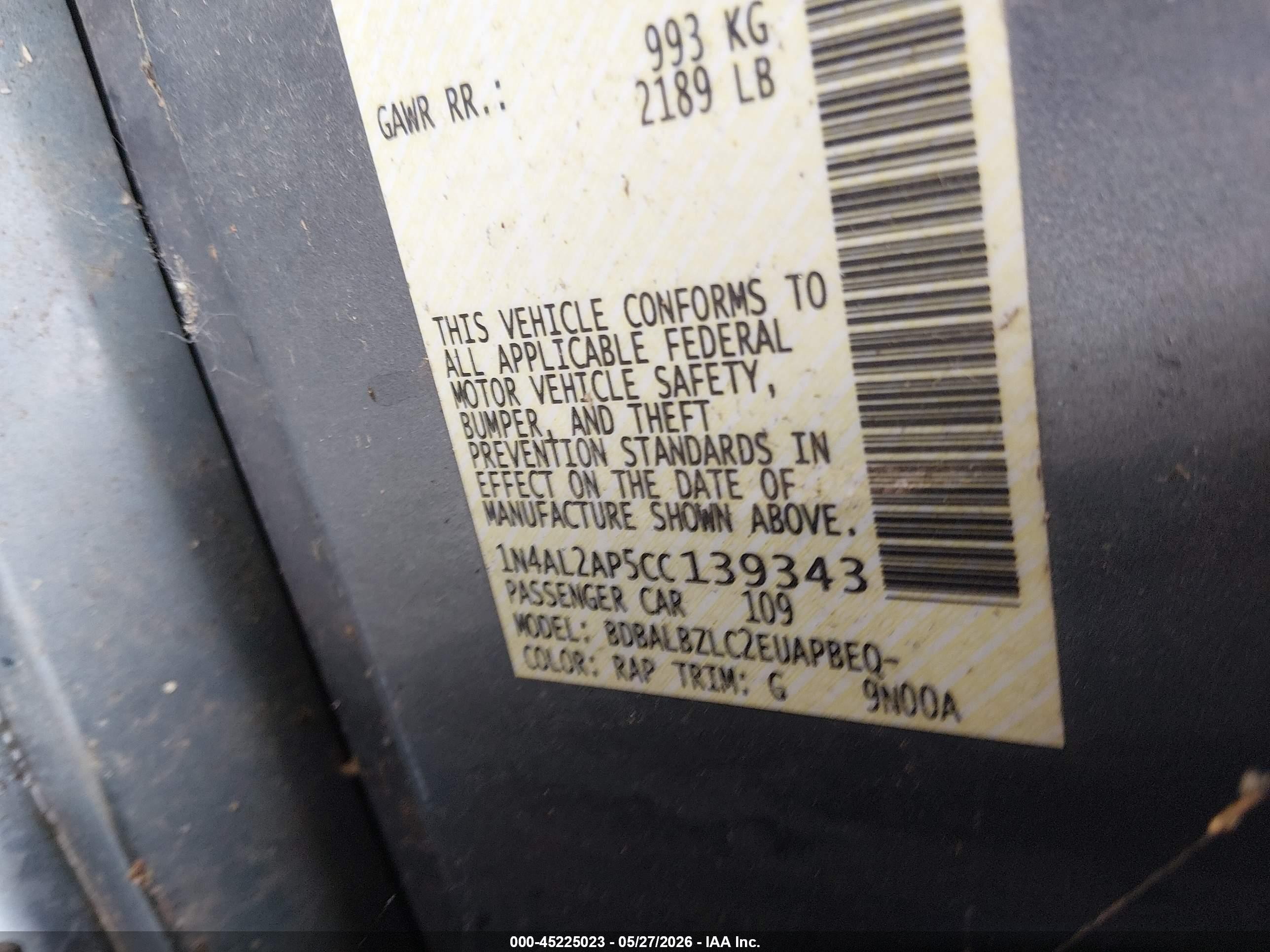 2012 Nissan Altima 2.5 S Light Blue vin: 1N4AL2AP5CC139343