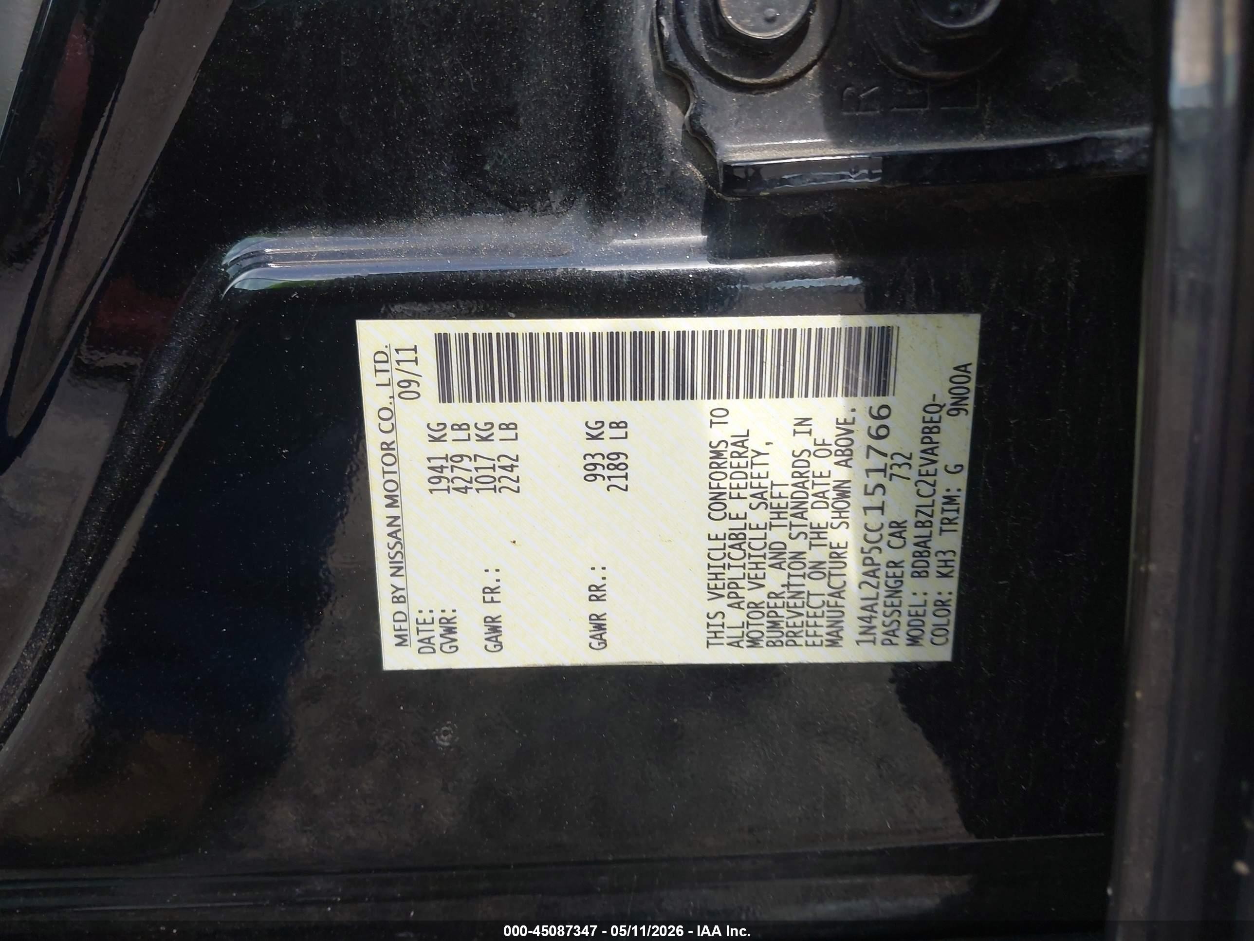 2012 Nissan Altima 2.5 S Black vin: 1N4AL2AP5CC151766