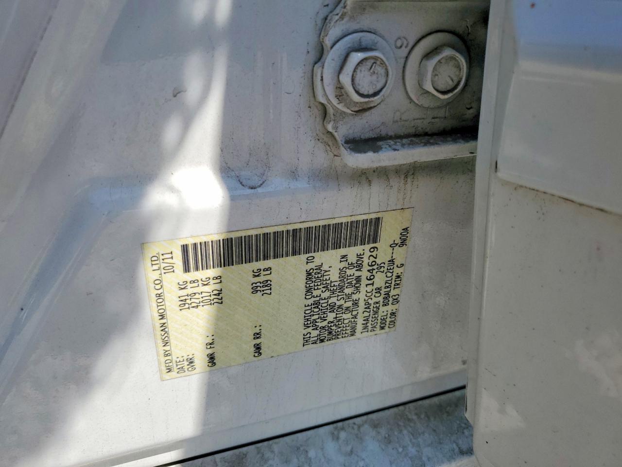 2012 Nissan Altima Base/s White vin: 1N4AL2AP5CC164629