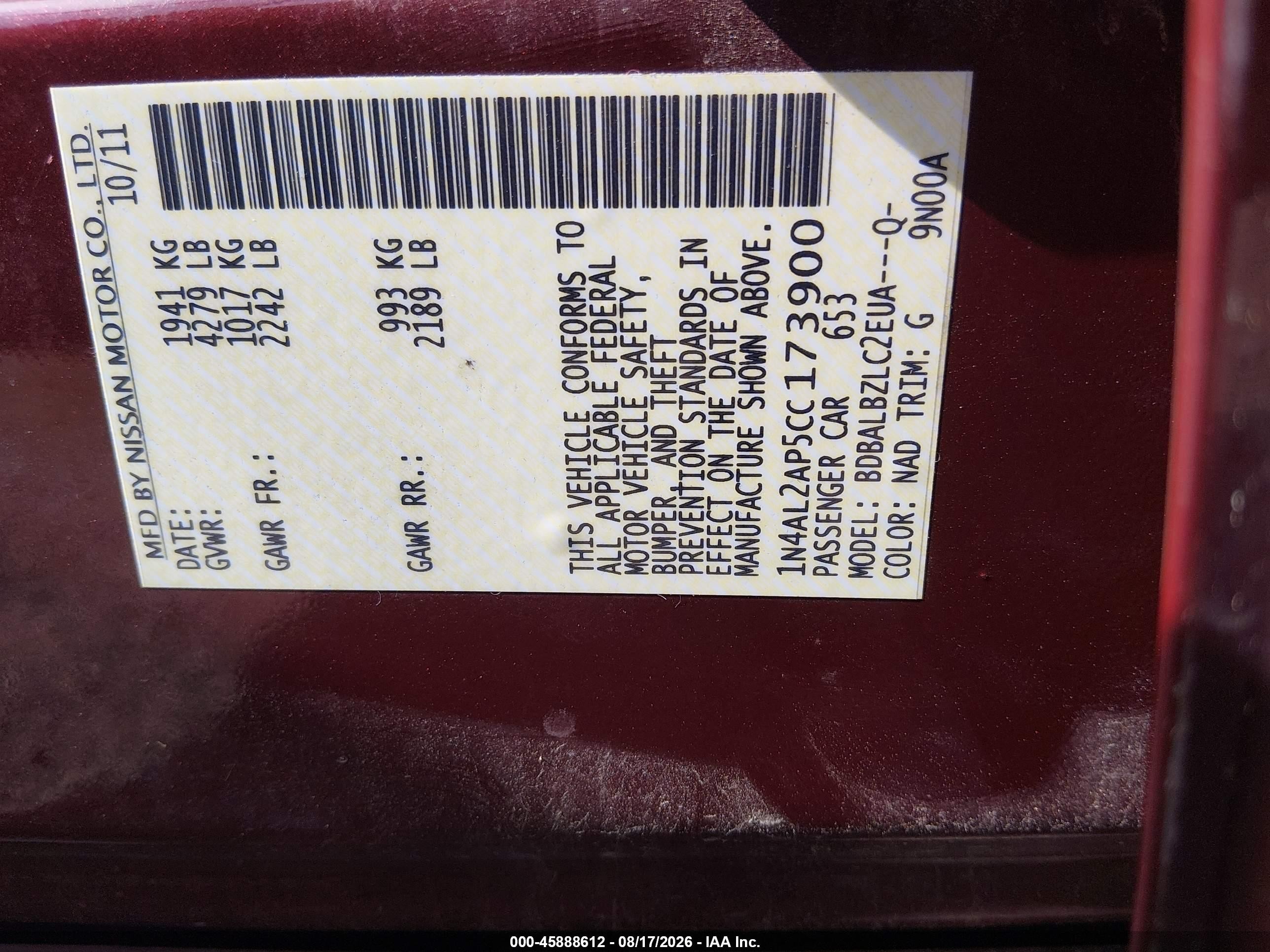 2012 Nissan Altima 2.5 S Burgundy vin: 1N4AL2AP5CC173900