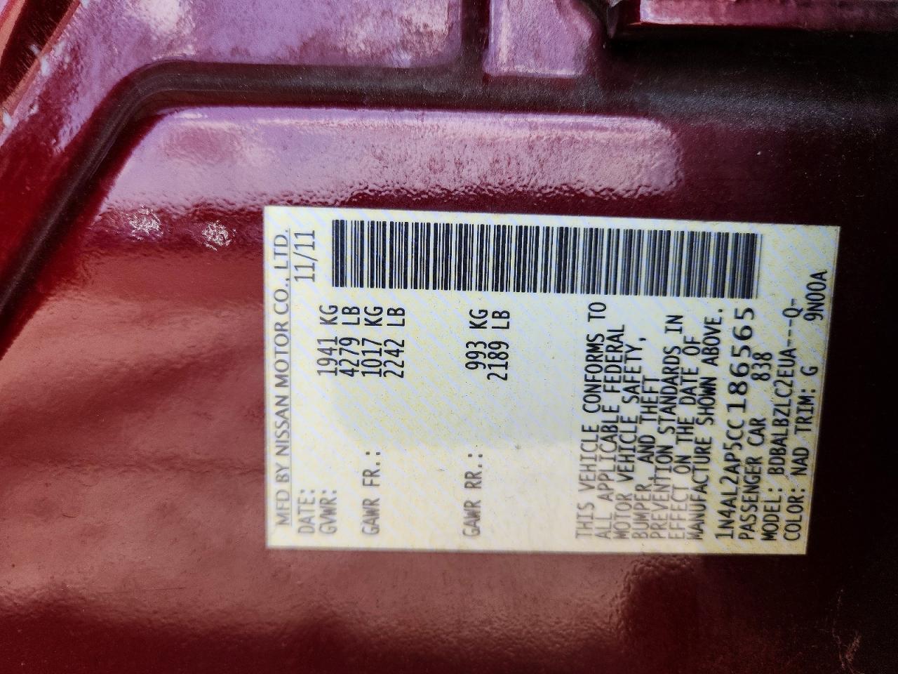 2012 Nissan Altima 2.5 Red vin: 1N4AL2AP5CC186565