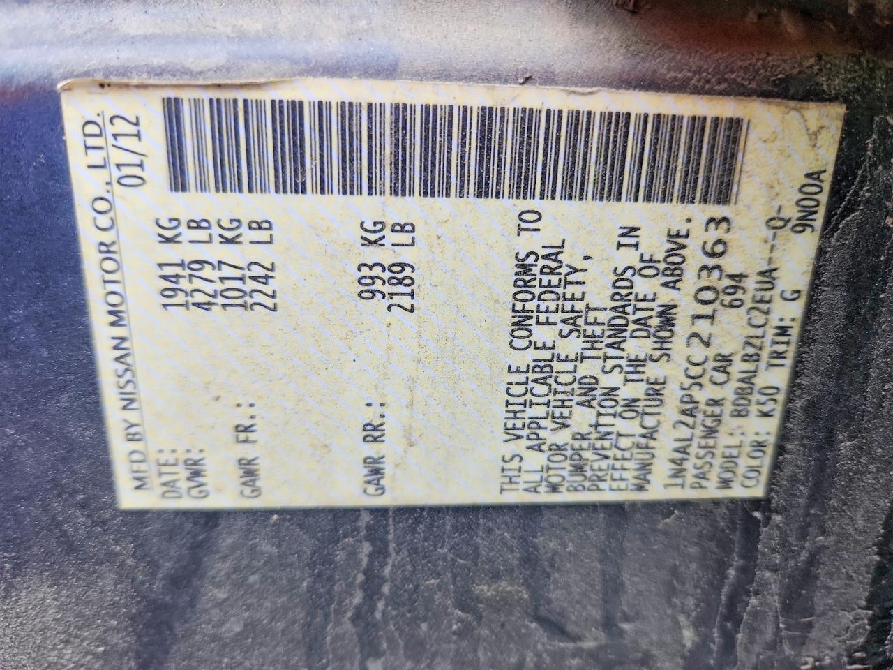 2012 Nissan Altima 2.5 Gray vin: 1N4AL2AP5CC210363