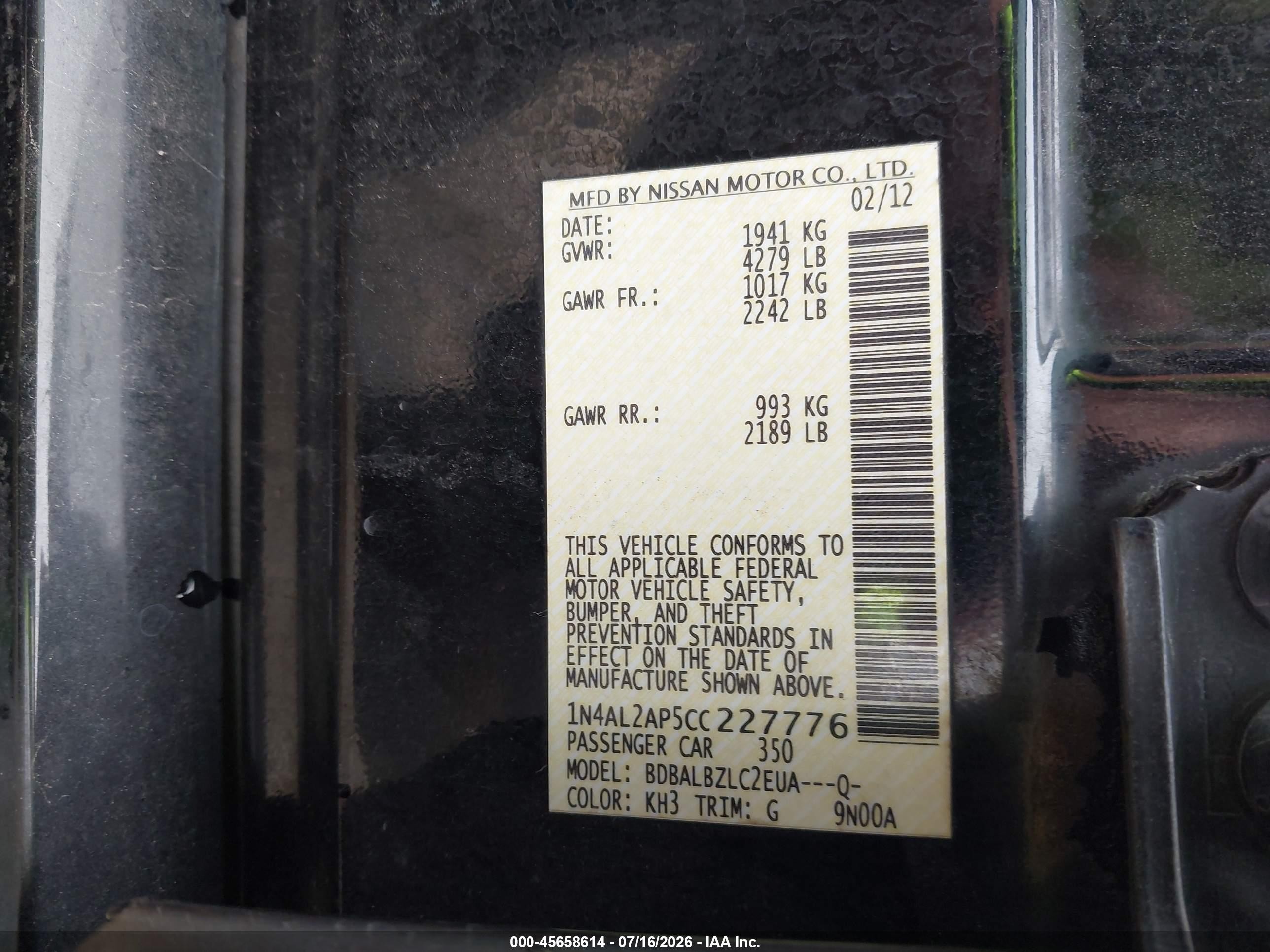 2012 Nissan Altima 2.5 S Black vin: 1N4AL2AP5CC227776