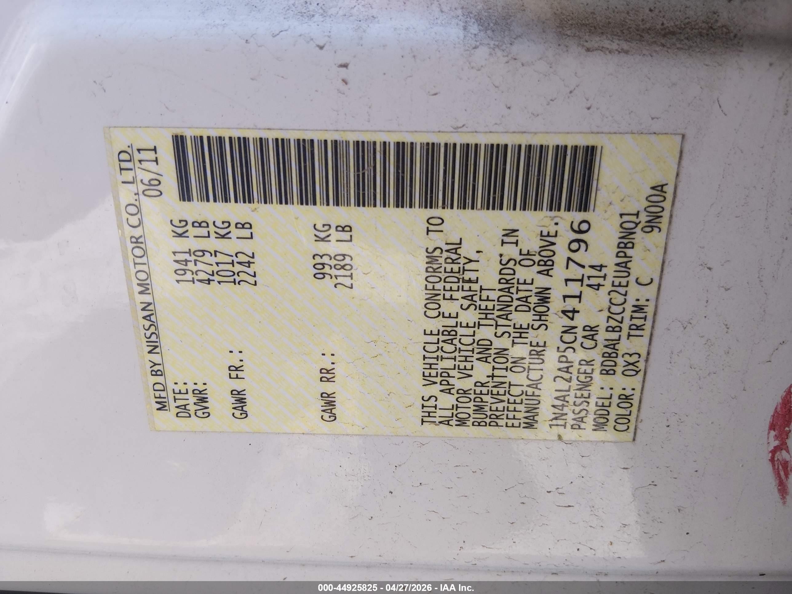 2012 Nissan Altima 2.5 S White vin: 1N4AL2AP5CN411796