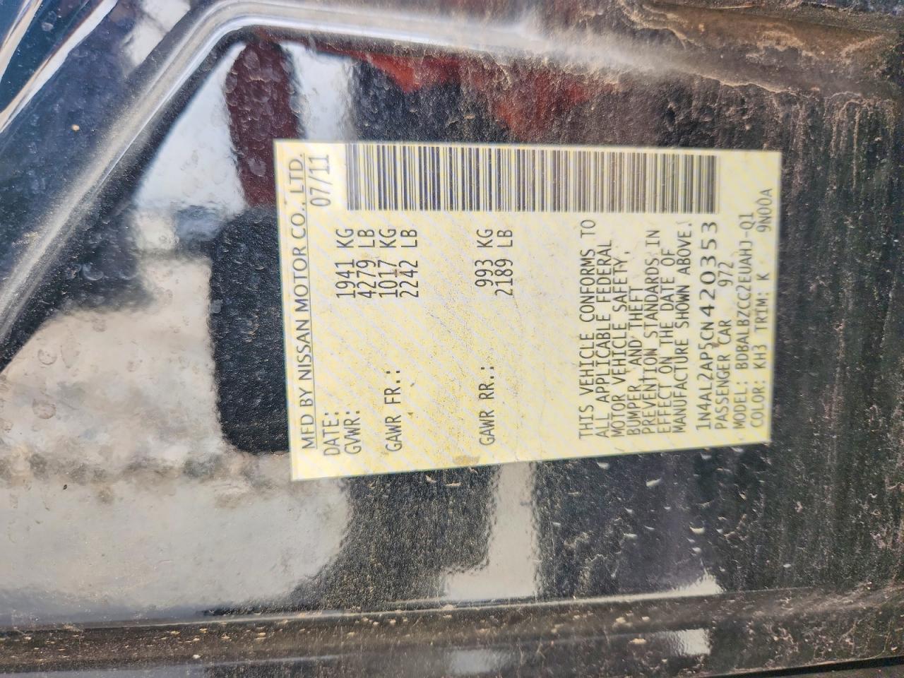 2012 Nissan Altima 2.5 Black vin: 1N4AL2AP5CN420353