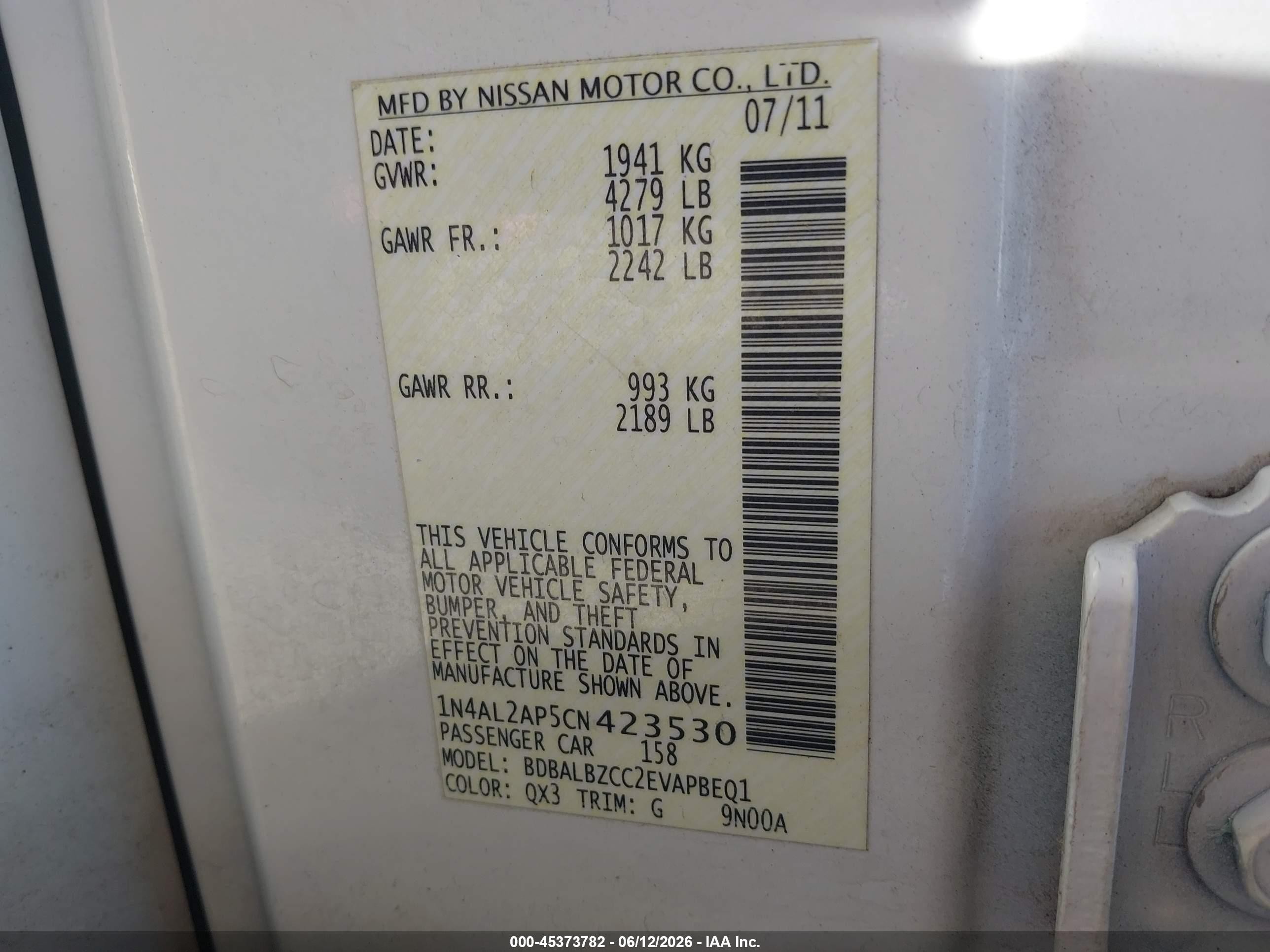 2012 Nissan Altima 2.5 S White vin: 1N4AL2AP5CN423530