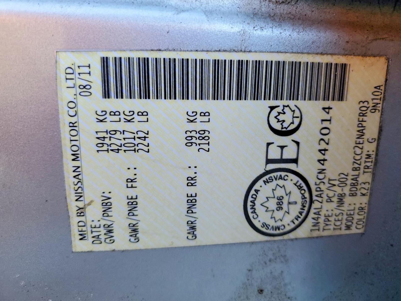 2012 Nissan Altima Silver vin: 1N4AL2AP5CN442014