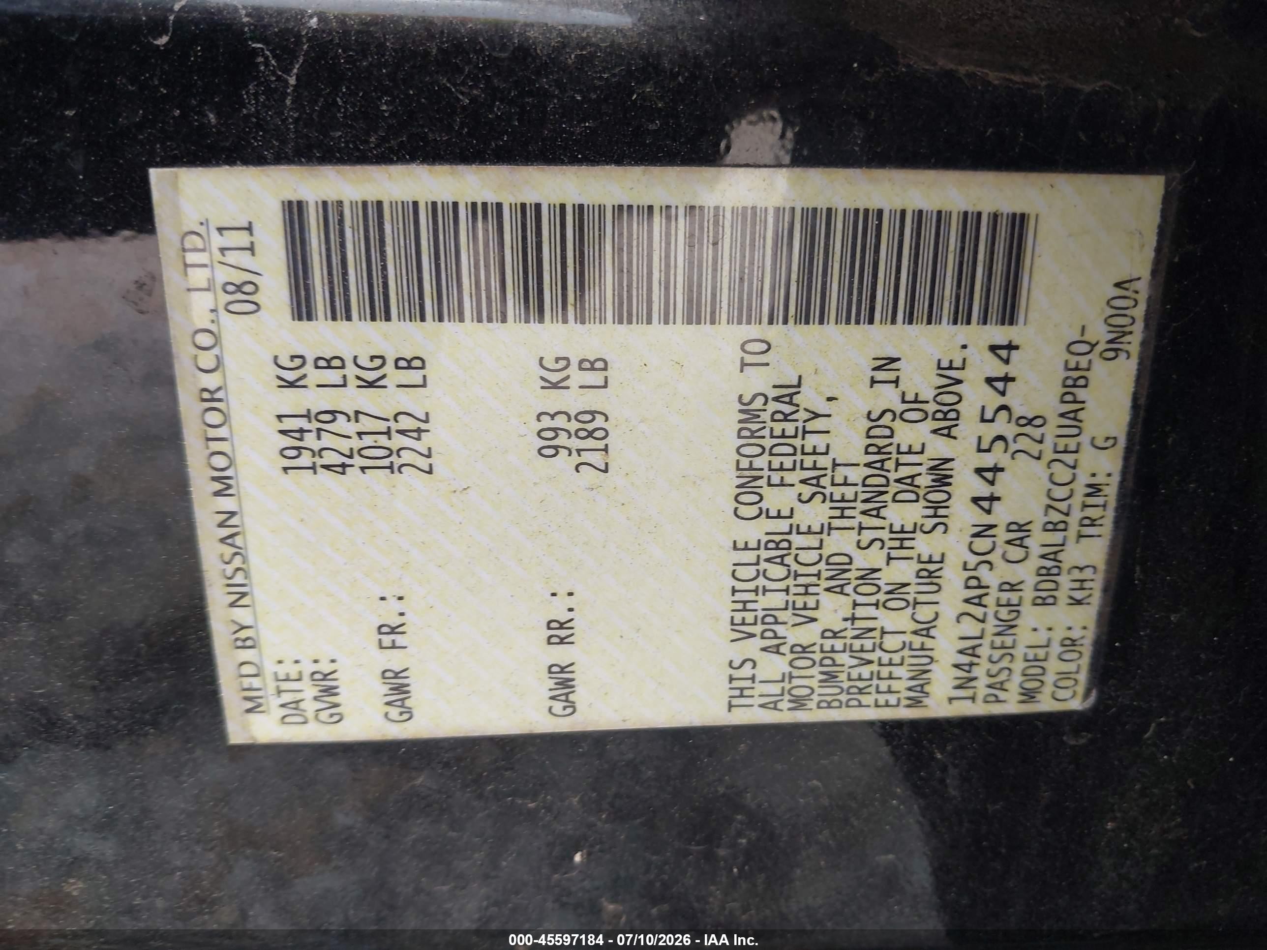 2012 Nissan Altima 2.5 S Black vin: 1N4AL2AP5CN445544