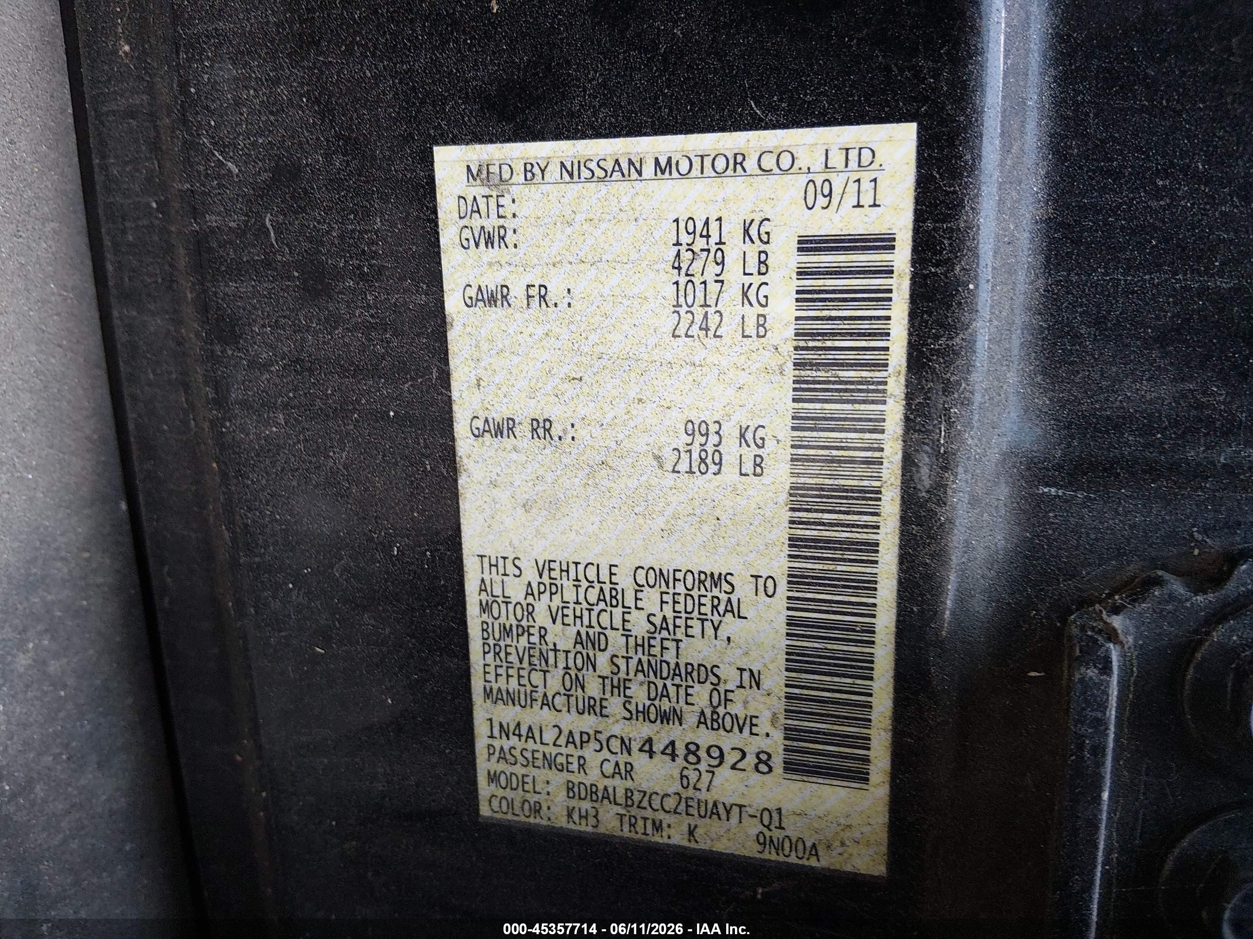 2012 Nissan Altima 2.5 S Black vin: 1N4AL2AP5CN448928