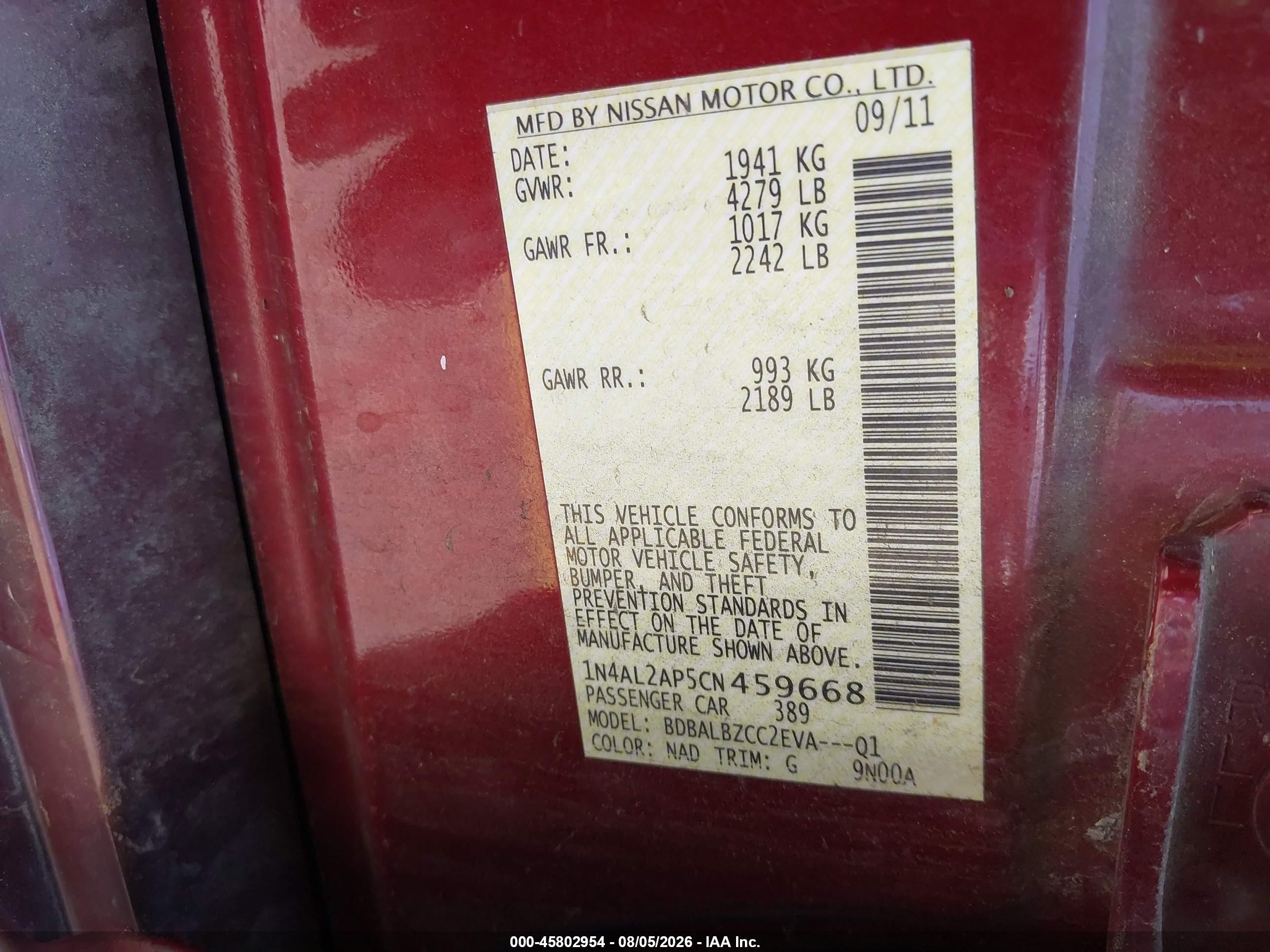 2012 Nissan Altima 2.5 S Burgundy vin: 1N4AL2AP5CN459668