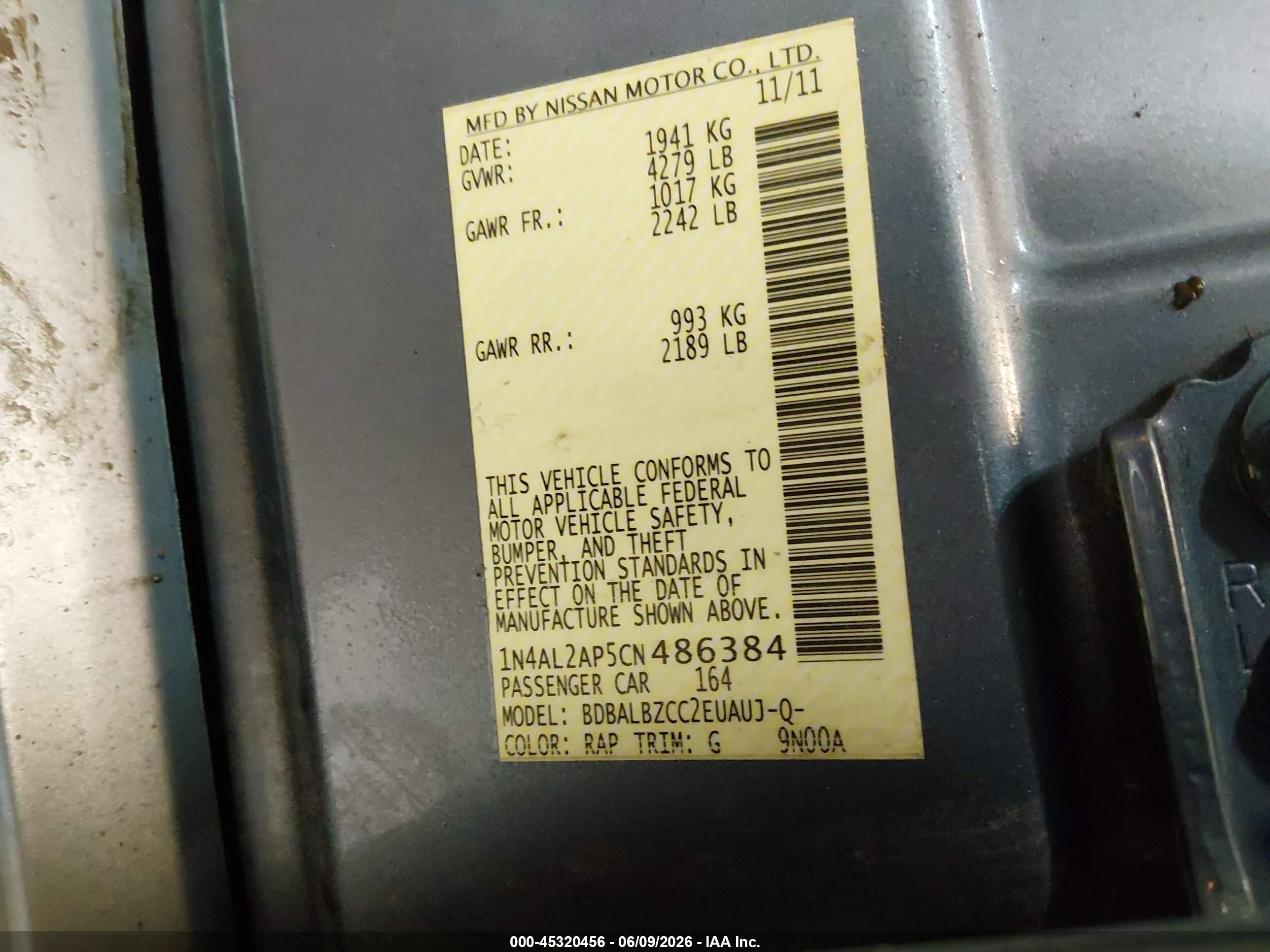 2012 Nissan Altima 2.5 S Light Blue vin: 1N4AL2AP5CN486384
