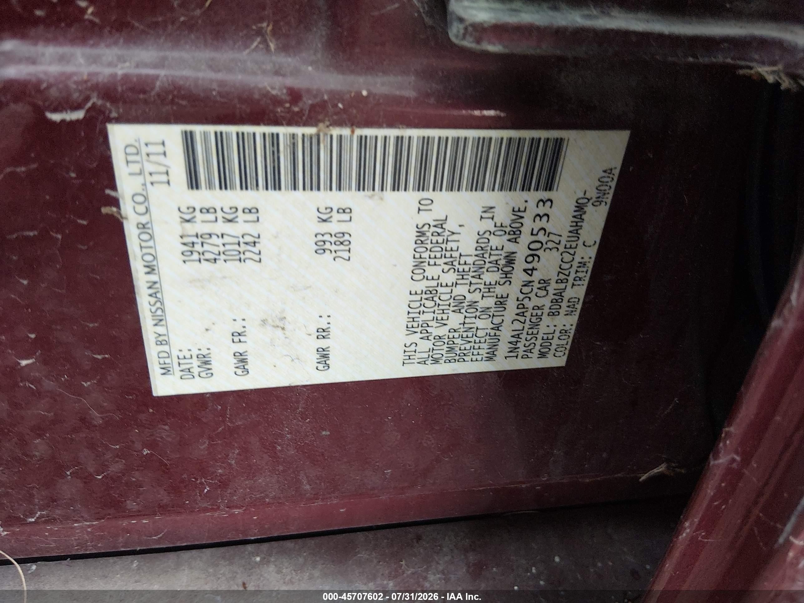 2012 Nissan Altima 2.5 S Maroon vin: 1N4AL2AP5CN490533
