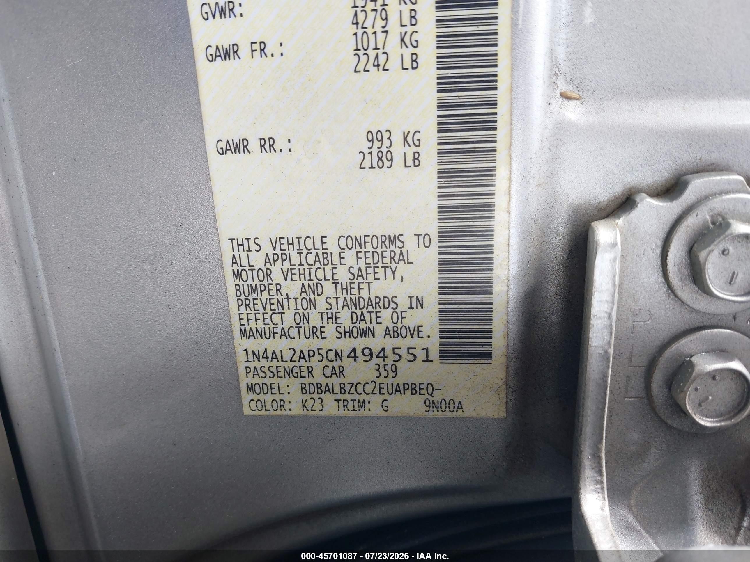 2012 Nissan Altima 2.5 S Silver vin: 1N4AL2AP5CN494551