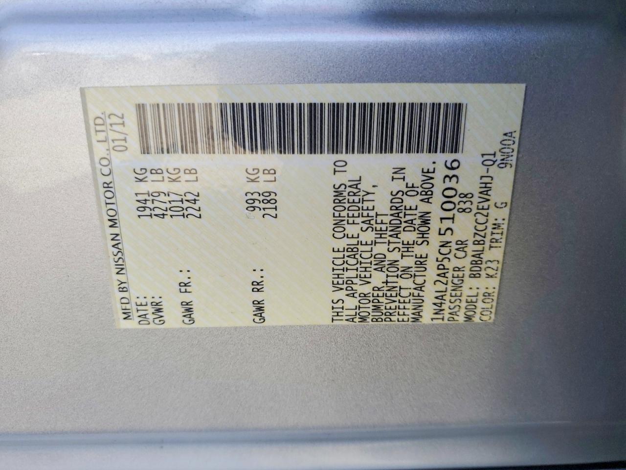 2012 Nissan Altima 2.5 Silver vin: 1N4AL2AP5CN510036