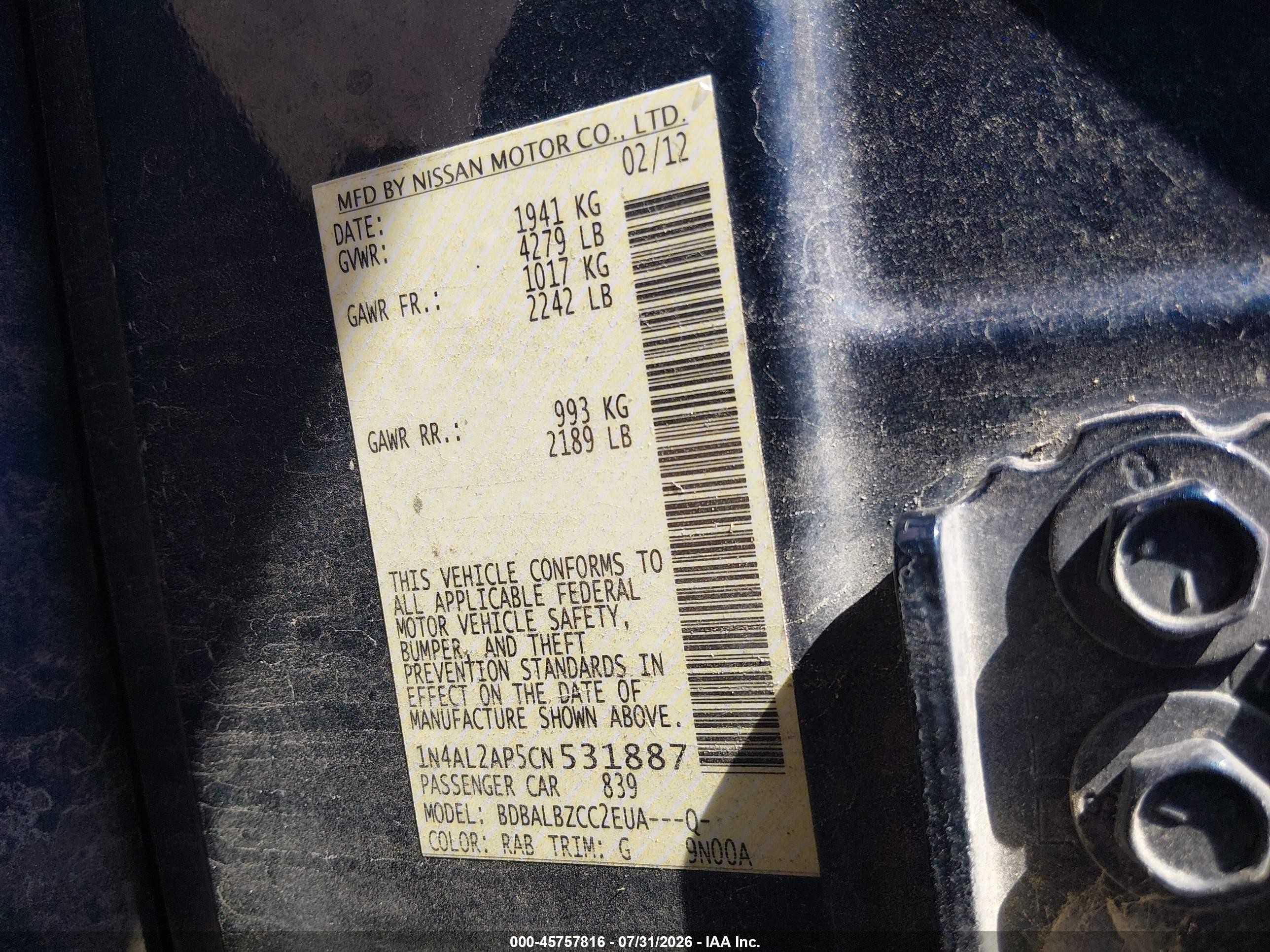 2012 Nissan Altima 2.5 S Dark Blue vin: 1N4AL2AP5CN531887