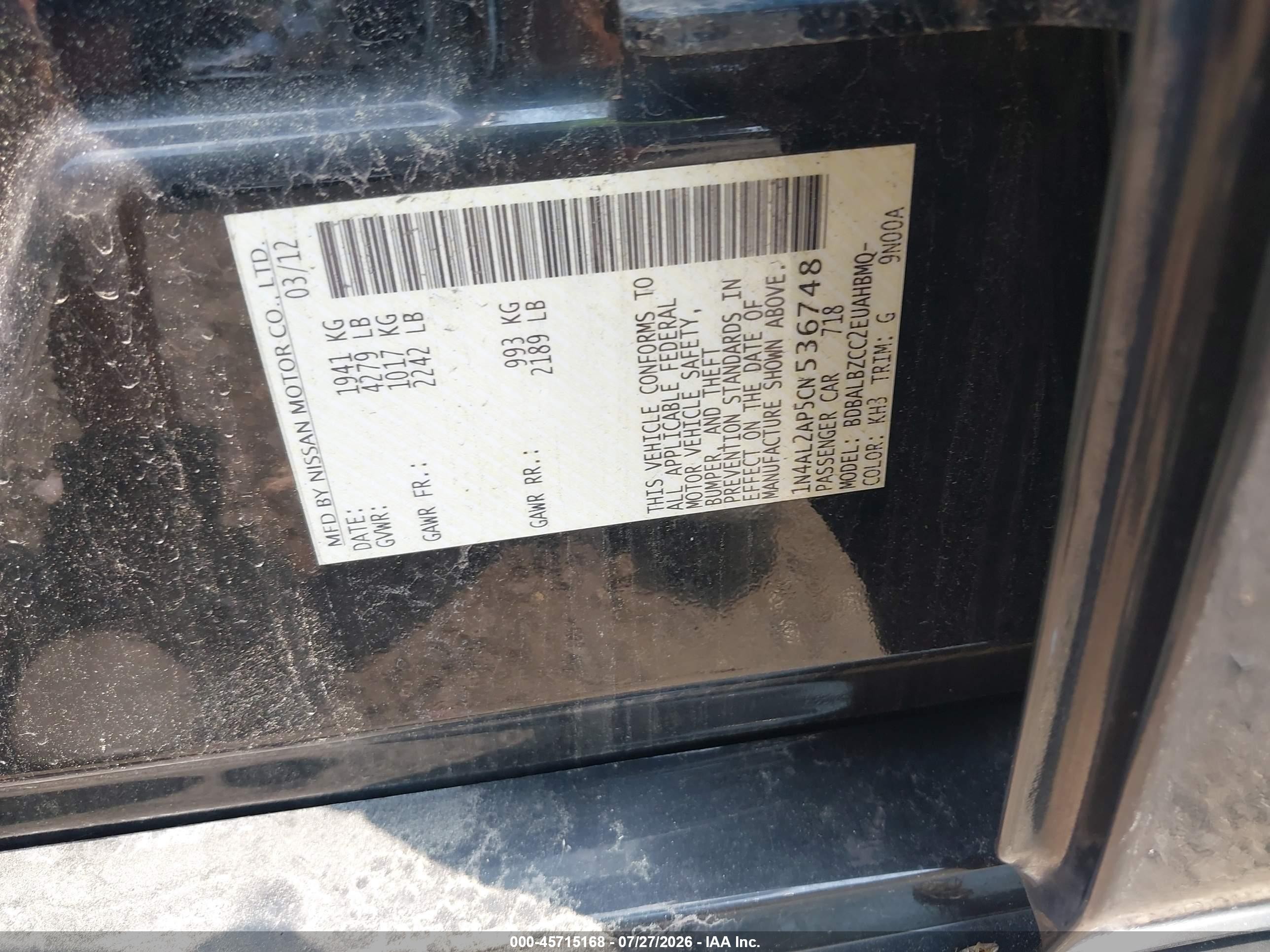 2012 Nissan Altima 2.5 S Black vin: 1N4AL2AP5CN536748