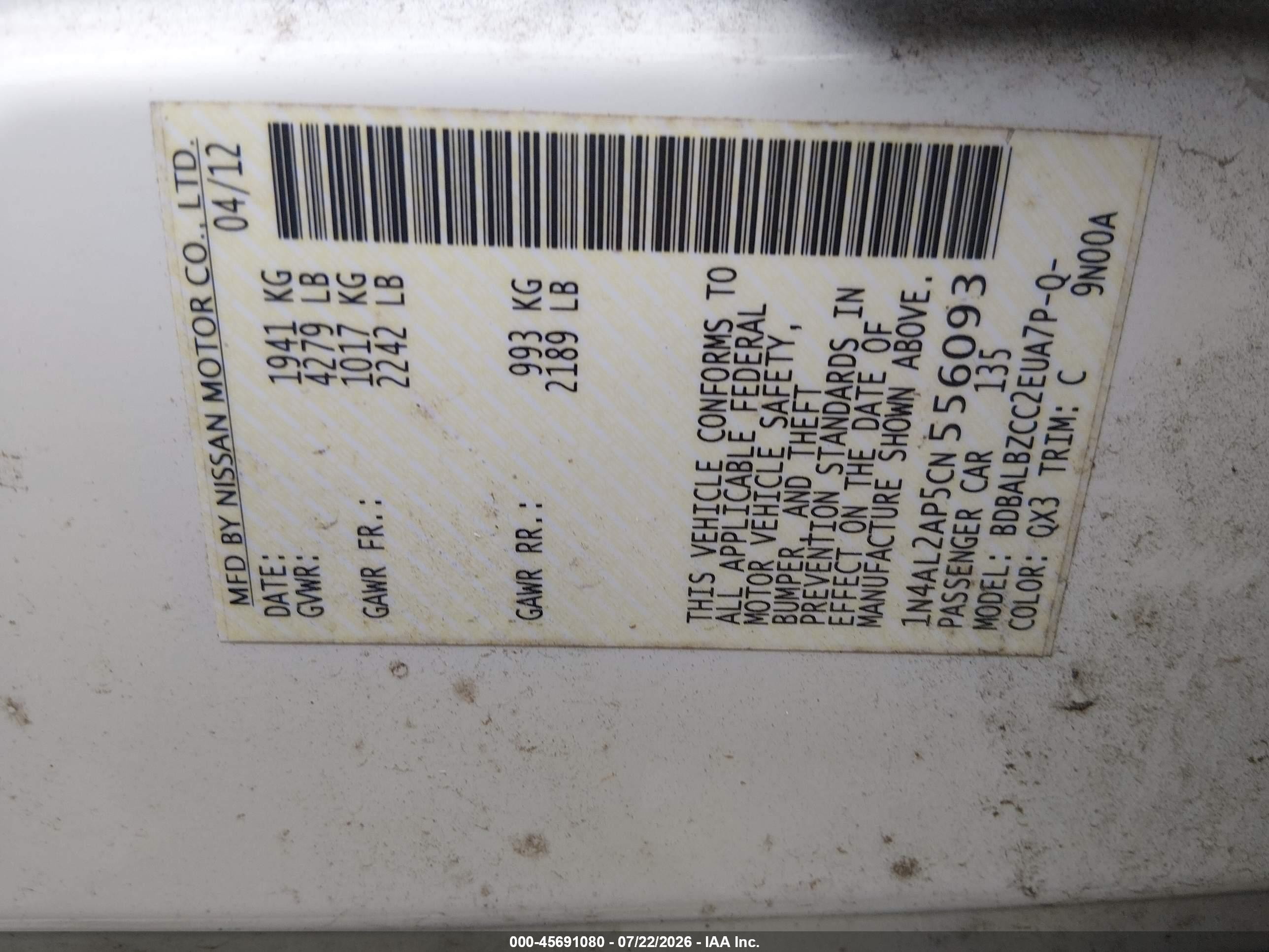 2012 Nissan Altima 2.5 S White vin: 1N4AL2AP5CN556093