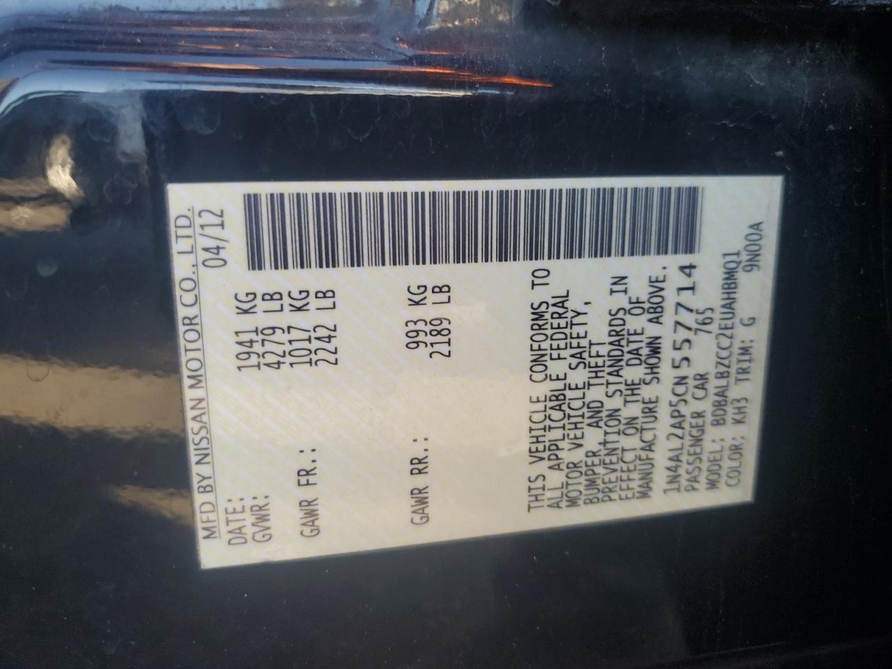 2012 Nissan Altima Base Black vin: 1N4AL2AP5CN557714