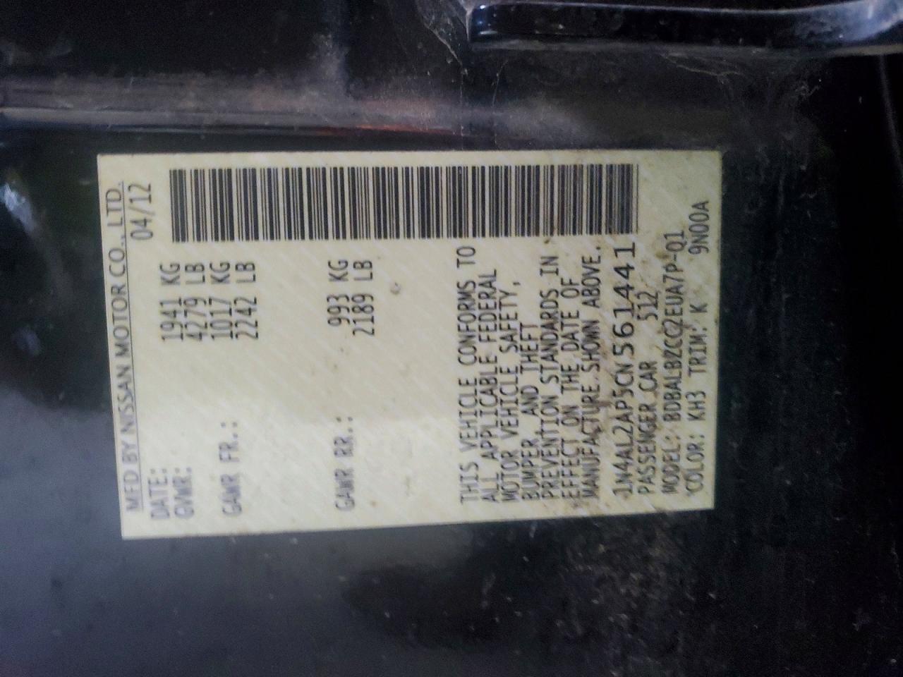 2012 Nissan Altima 2.5 Black vin: 1N4AL2AP5CN561441
