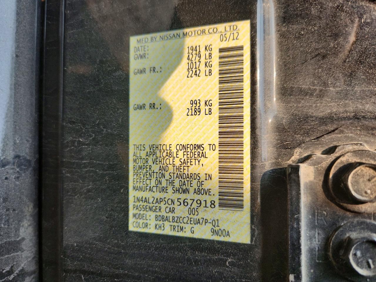 2012 Nissan Altima 2.5 Black vin: 1N4AL2AP5CN567918