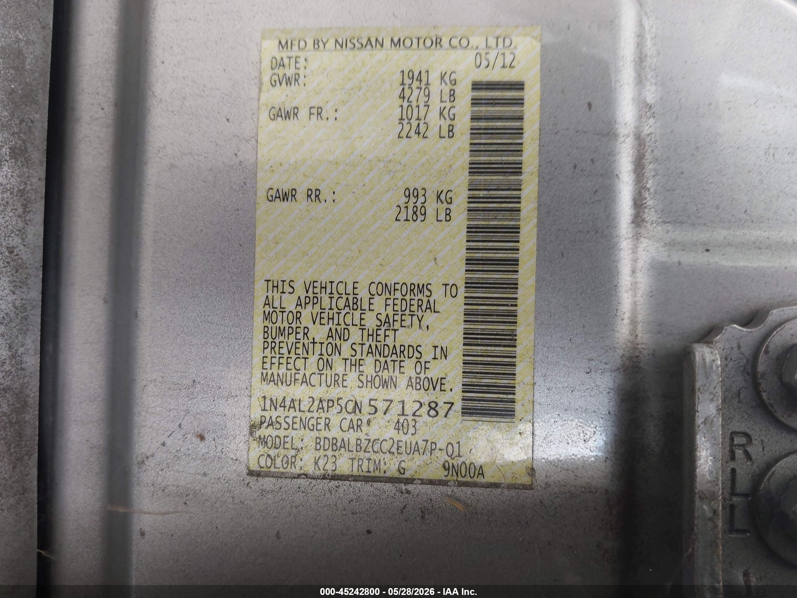 2012 Nissan Altima 2.5 S Silver vin: 1N4AL2AP5CN571287