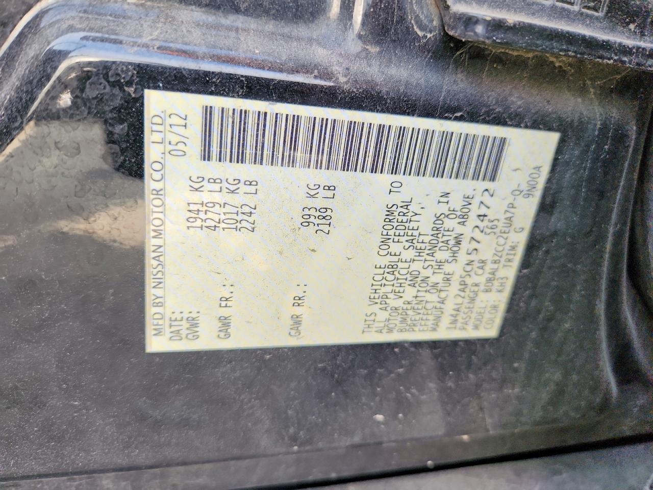 2012 Nissan Altima Black vin: 1N4AL2AP5CN572472