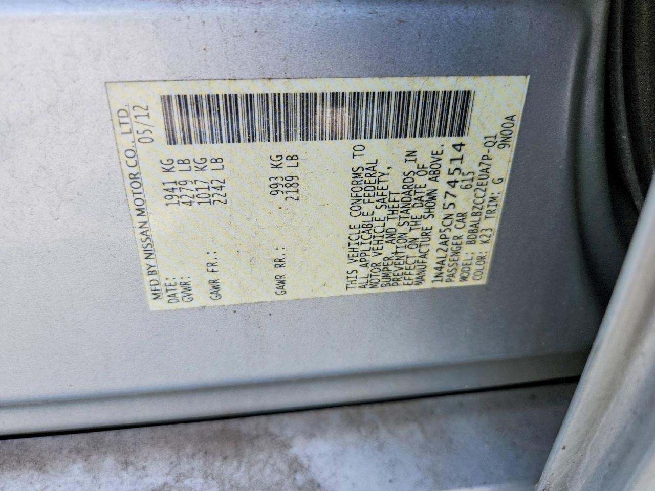 2012 Nissan Altima 2.5 Silver vin: 1N4AL2AP5CN574514