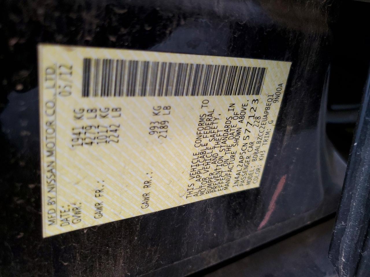 2012 Nissan Altima 2.5 Black vin: 1N4AL2AP5CN577123