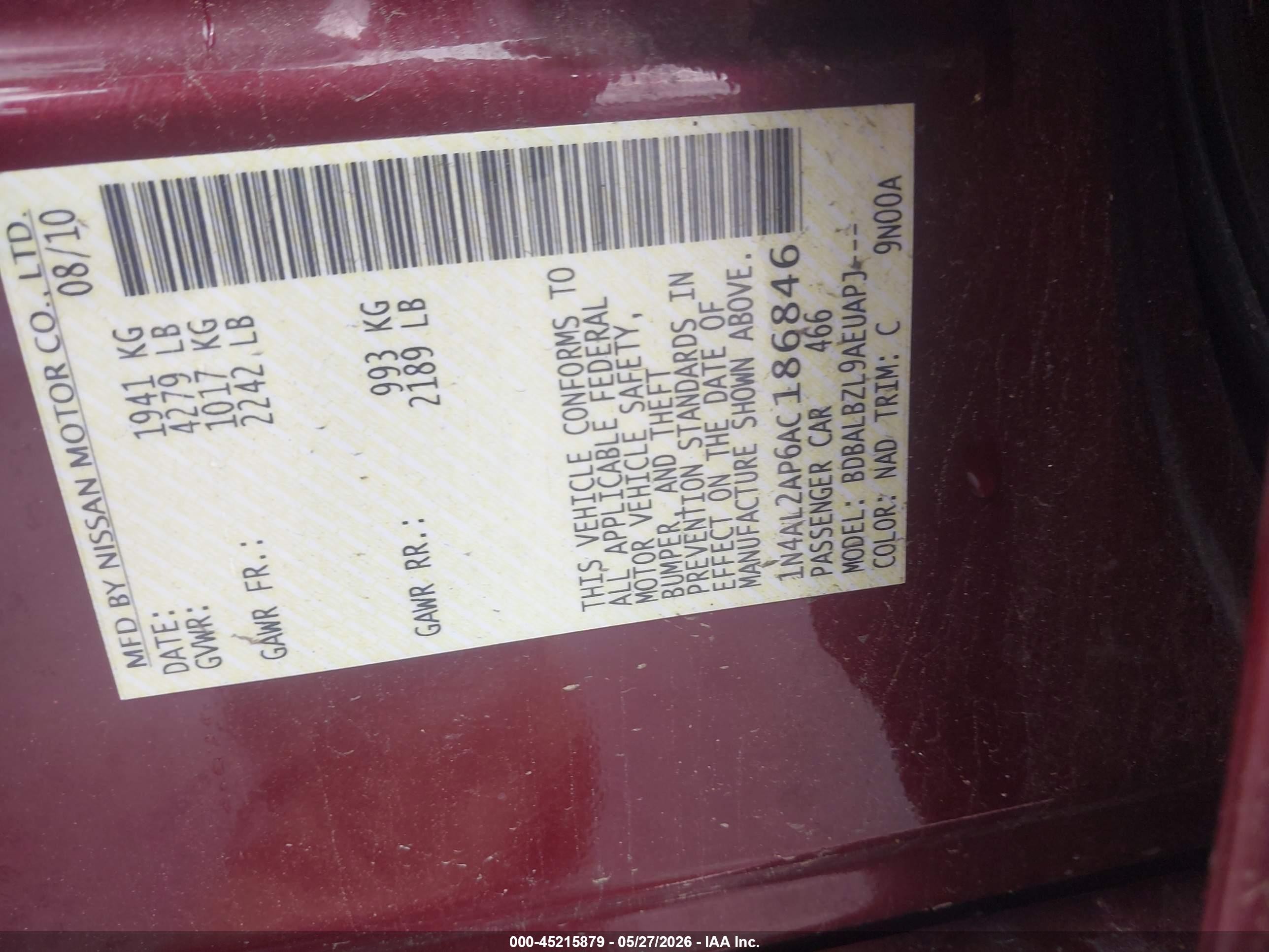2010 Nissan Altima 2.5 S Burgundy vin: 1N4AL2AP6AC186846