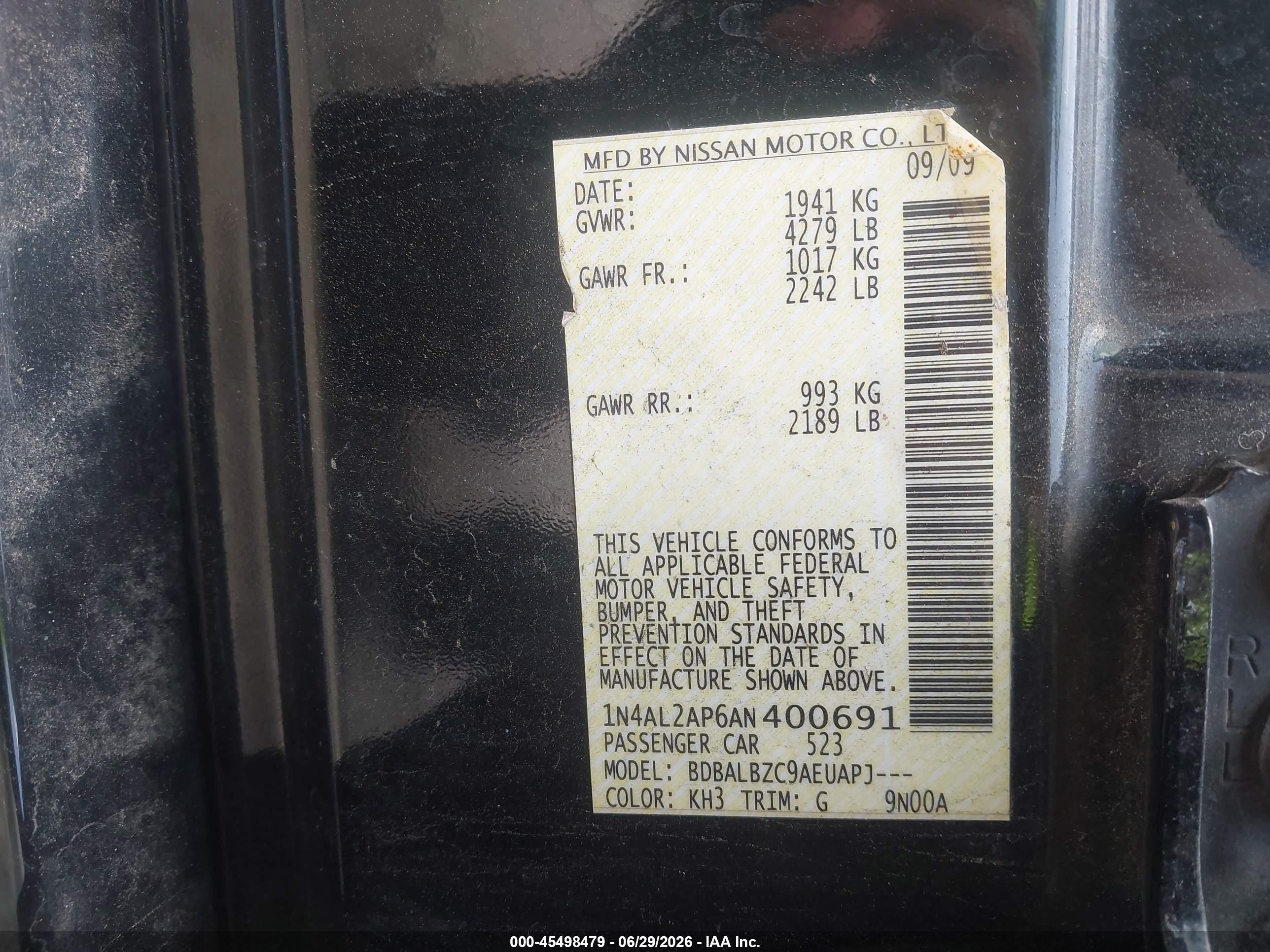 2010 Nissan Altima 2.5 S Черный vin: 1N4AL2AP6AN400691