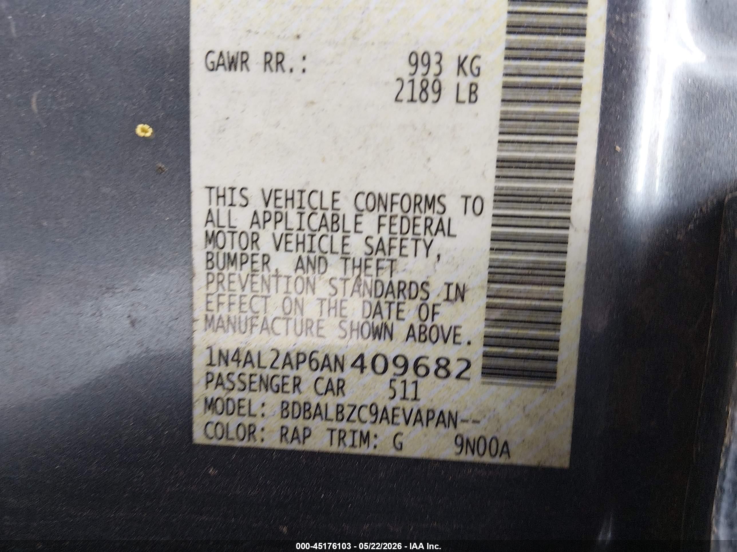2010 Nissan Altima 2.5 S Blue vin: 1N4AL2AP6AN409682