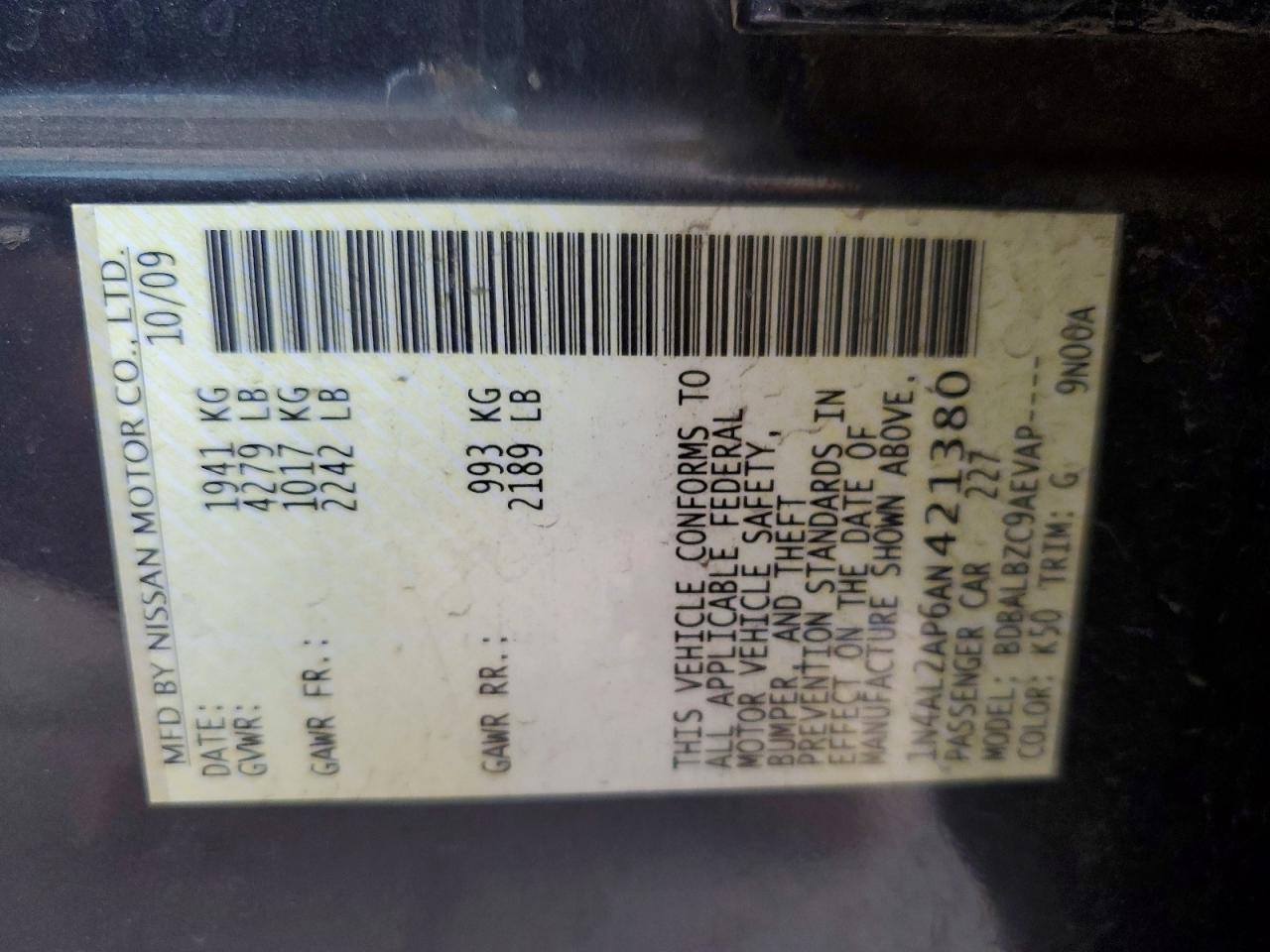 2010 Nissan Altima 2.5 Charcoal vin: 1N4AL2AP6AN421380