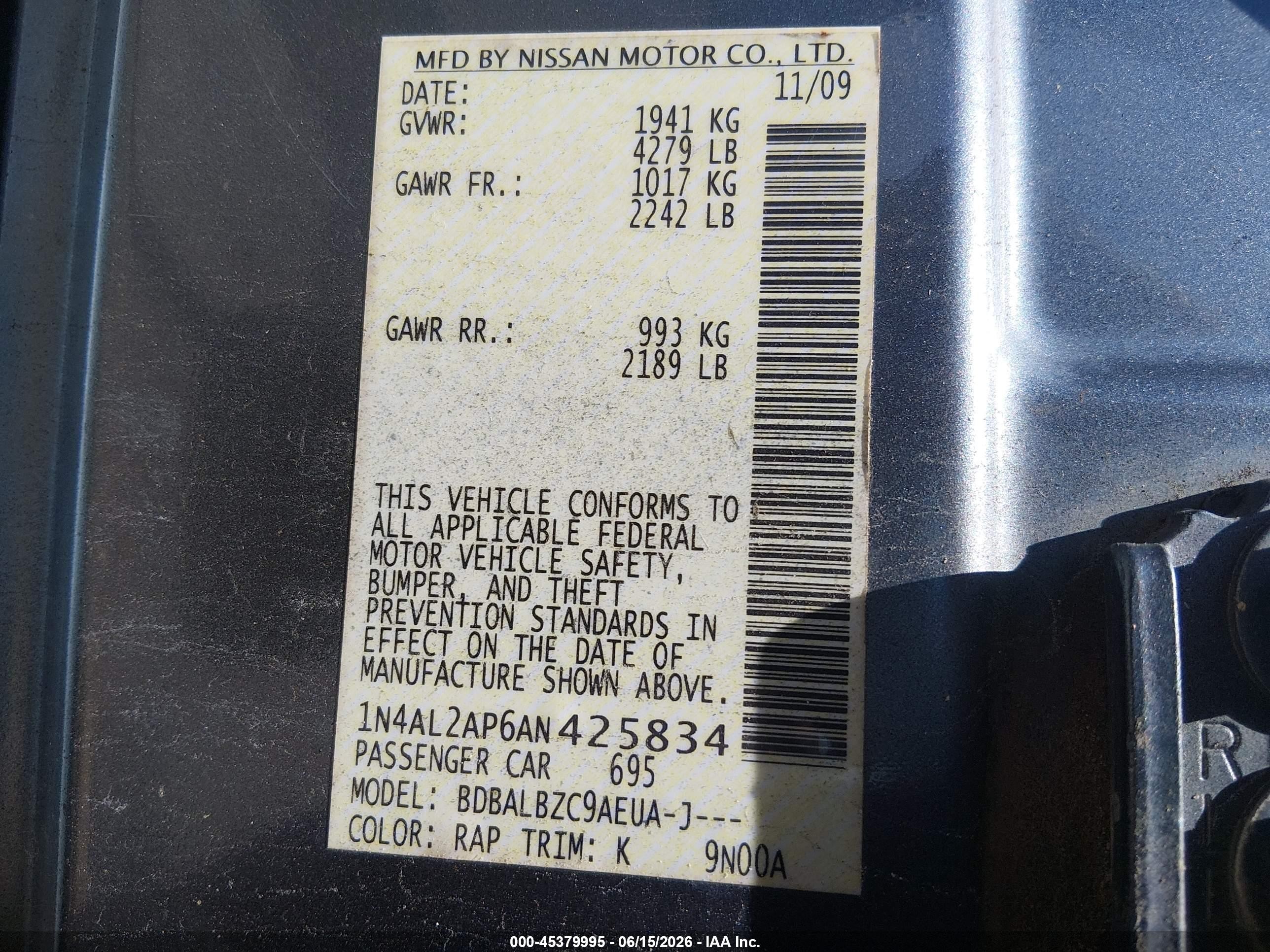2010 Nissan Altima 2.5 S Blue vin: 1N4AL2AP6AN425834