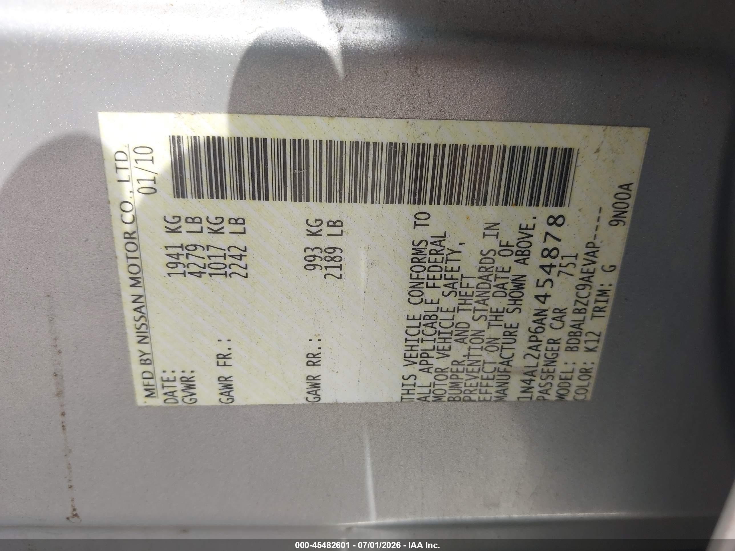 2010 Nissan Altima 2.5 S Silver vin: 1N4AL2AP6AN454878