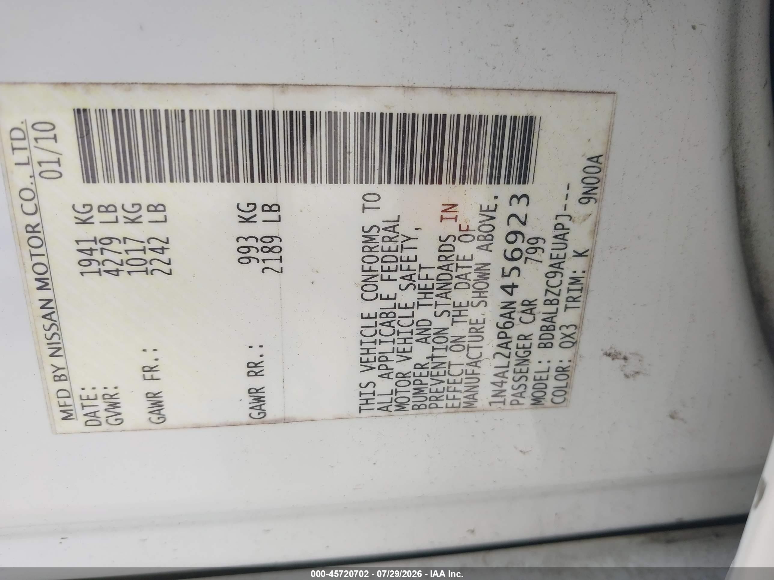 2010 Nissan Altima 2.5 S White vin: 1N4AL2AP6AN456923