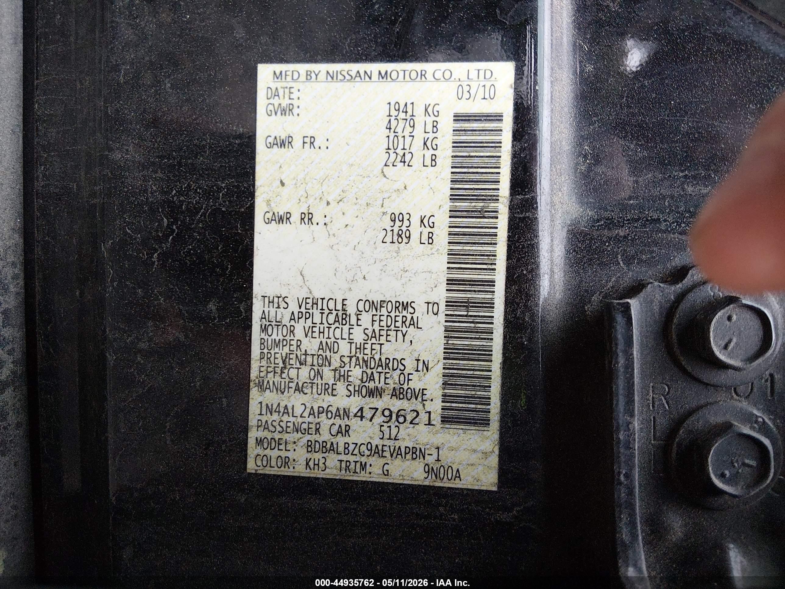 2010 Nissan Altima 2.5 S Черный vin: 1N4AL2AP6AN479621