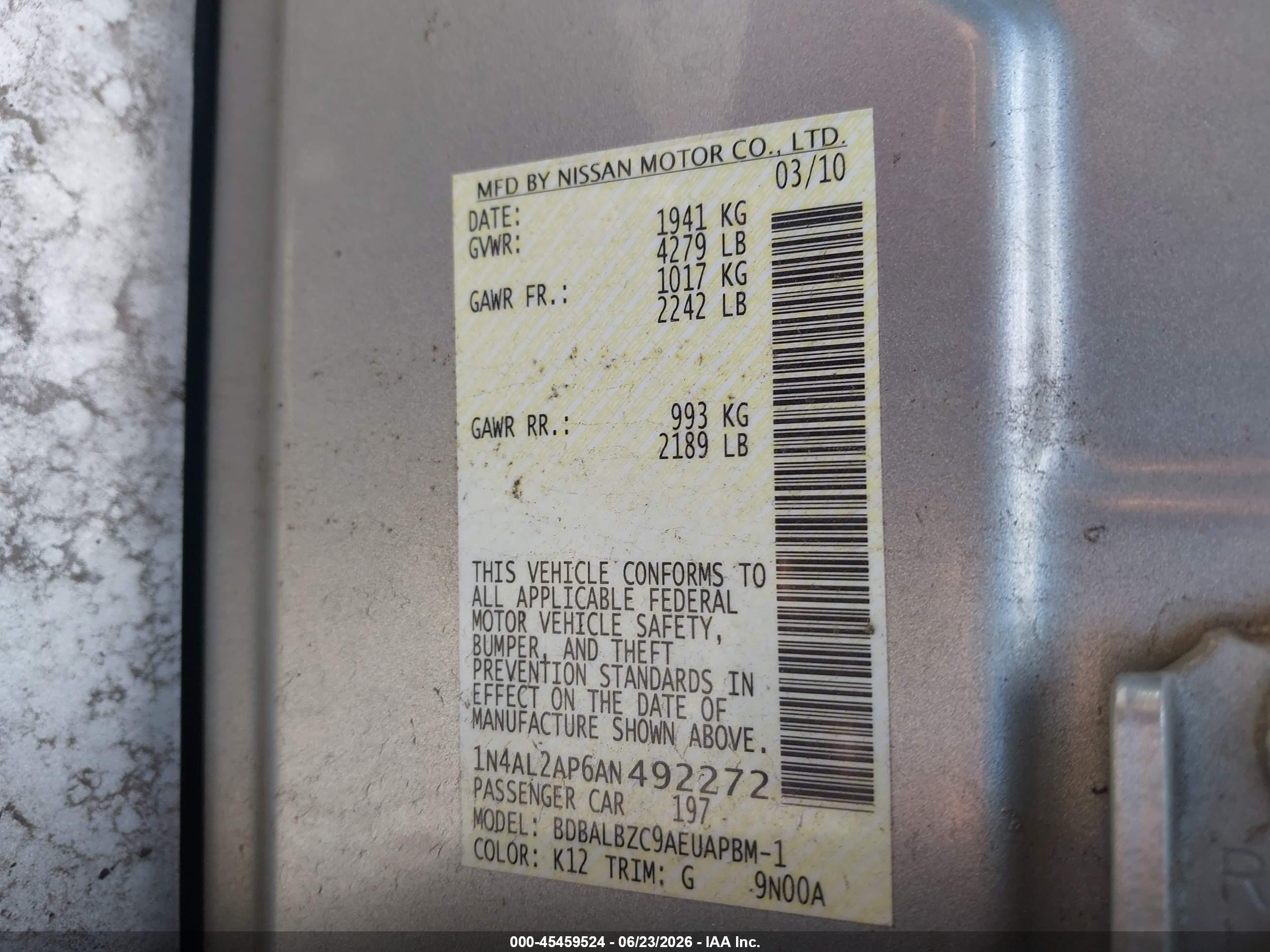 2010 Nissan Altima 2.5 S Silver vin: 1N4AL2AP6AN492272
