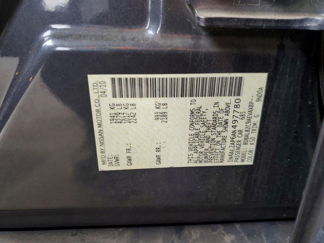 2010 Nissan Altima Base/s Gray vin: 1N4AL2AP6AN497780