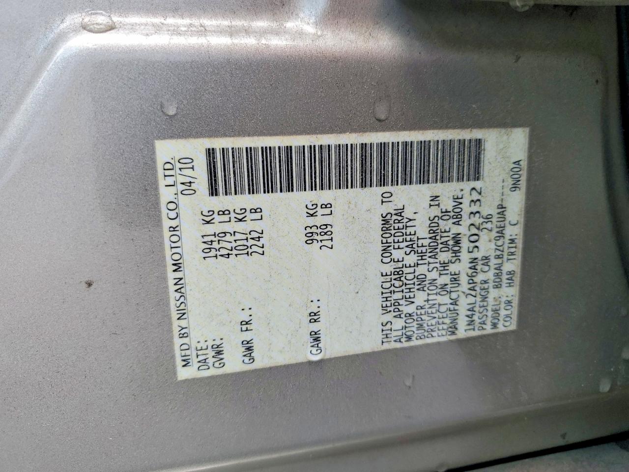2010 Nissan Altima 2.5 Gold vin: 1N4AL2AP6AN502332