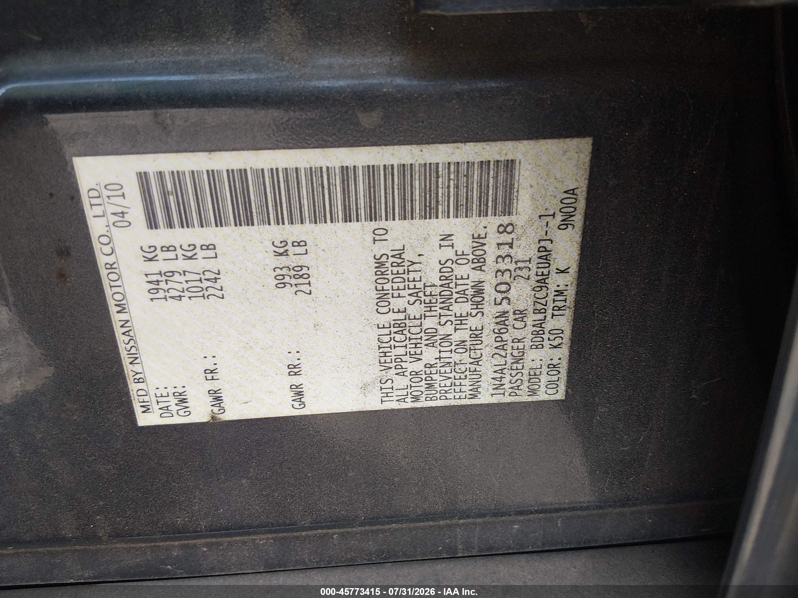 2010 Nissan Altima 2.5 S Gray vin: 1N4AL2AP6AN503318