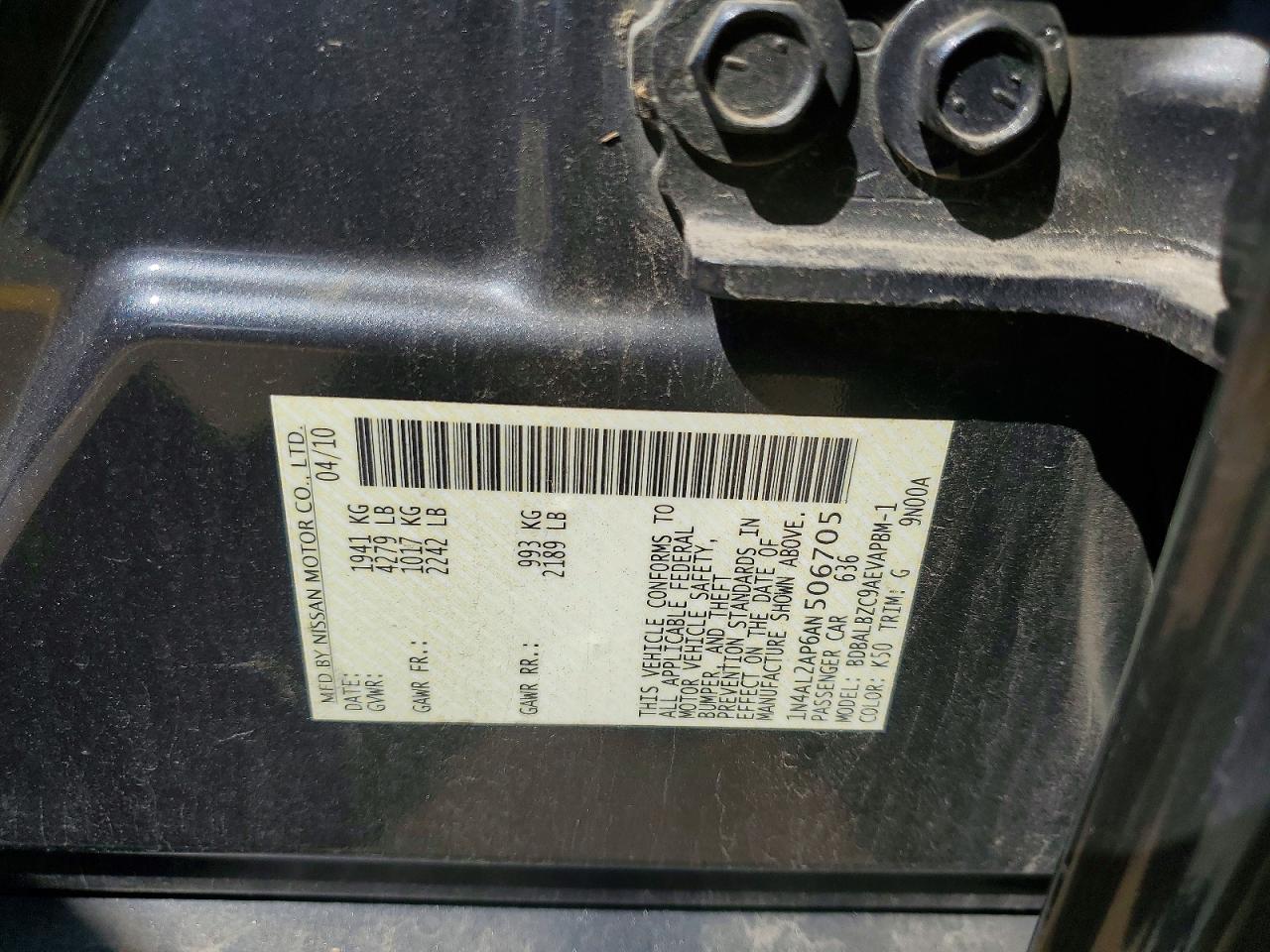 2010 Nissan Altima 2.5 Charcoal vin: 1N4AL2AP6AN506705