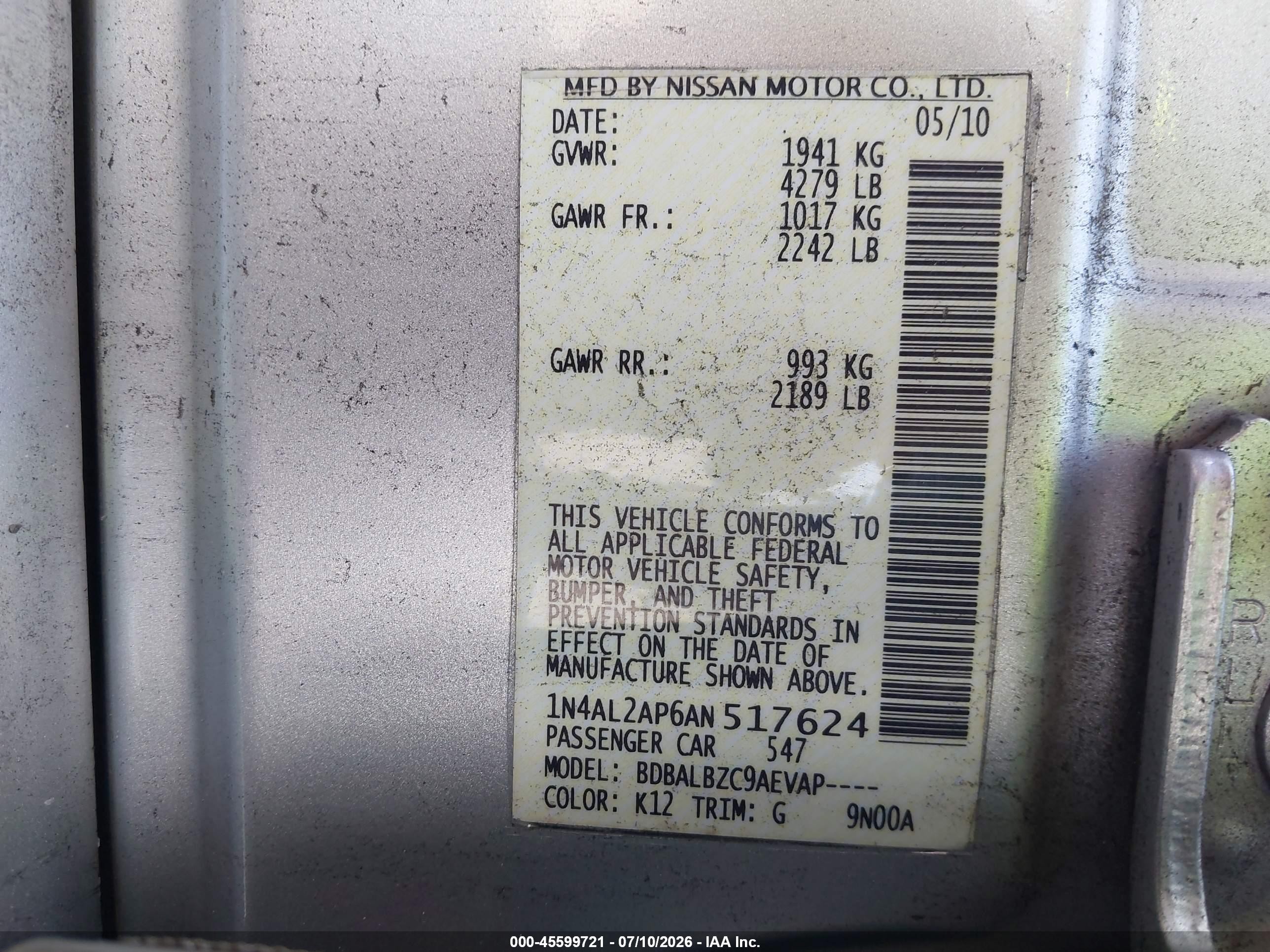 2010 Nissan Altima 2.5 S Серебряный vin: 1N4AL2AP6AN517624