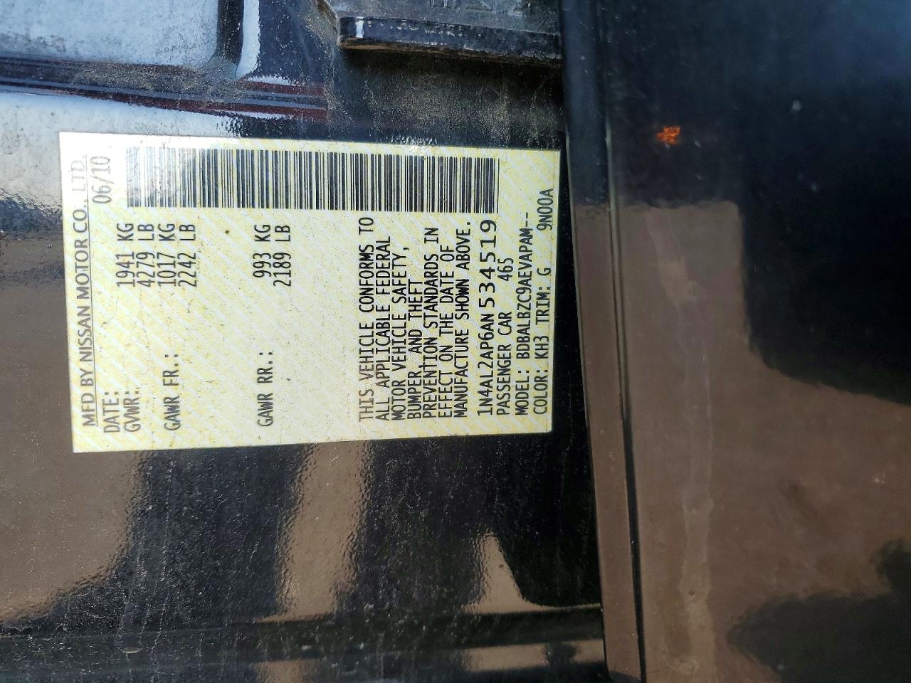 2010 Nissan Altima 2.5 Black vin: 1N4AL2AP6AN534519