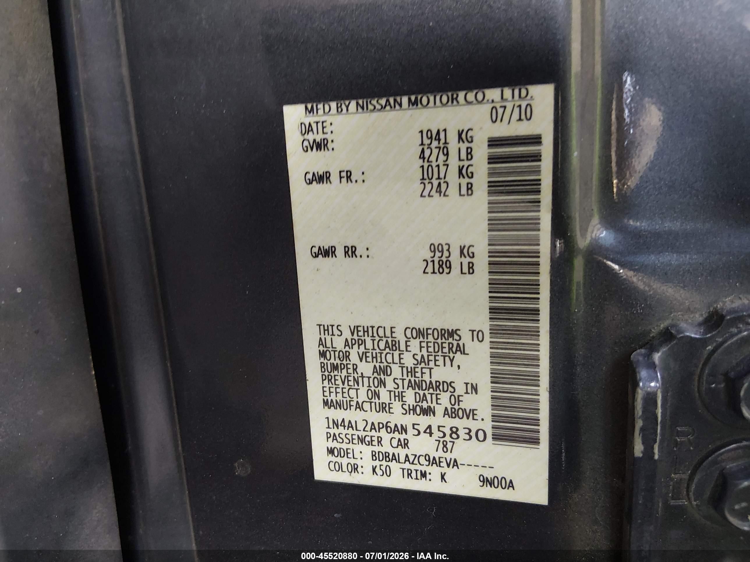 2010 Nissan Altima 2.5 Gray vin: 1N4AL2AP6AN545830