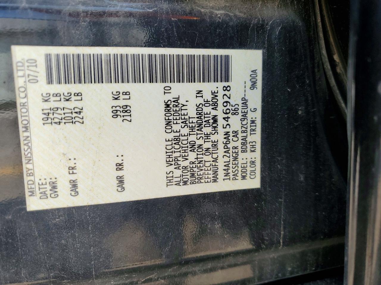 2010 Nissan Altima 2.5 Черный vin: 1N4AL2AP6AN546928